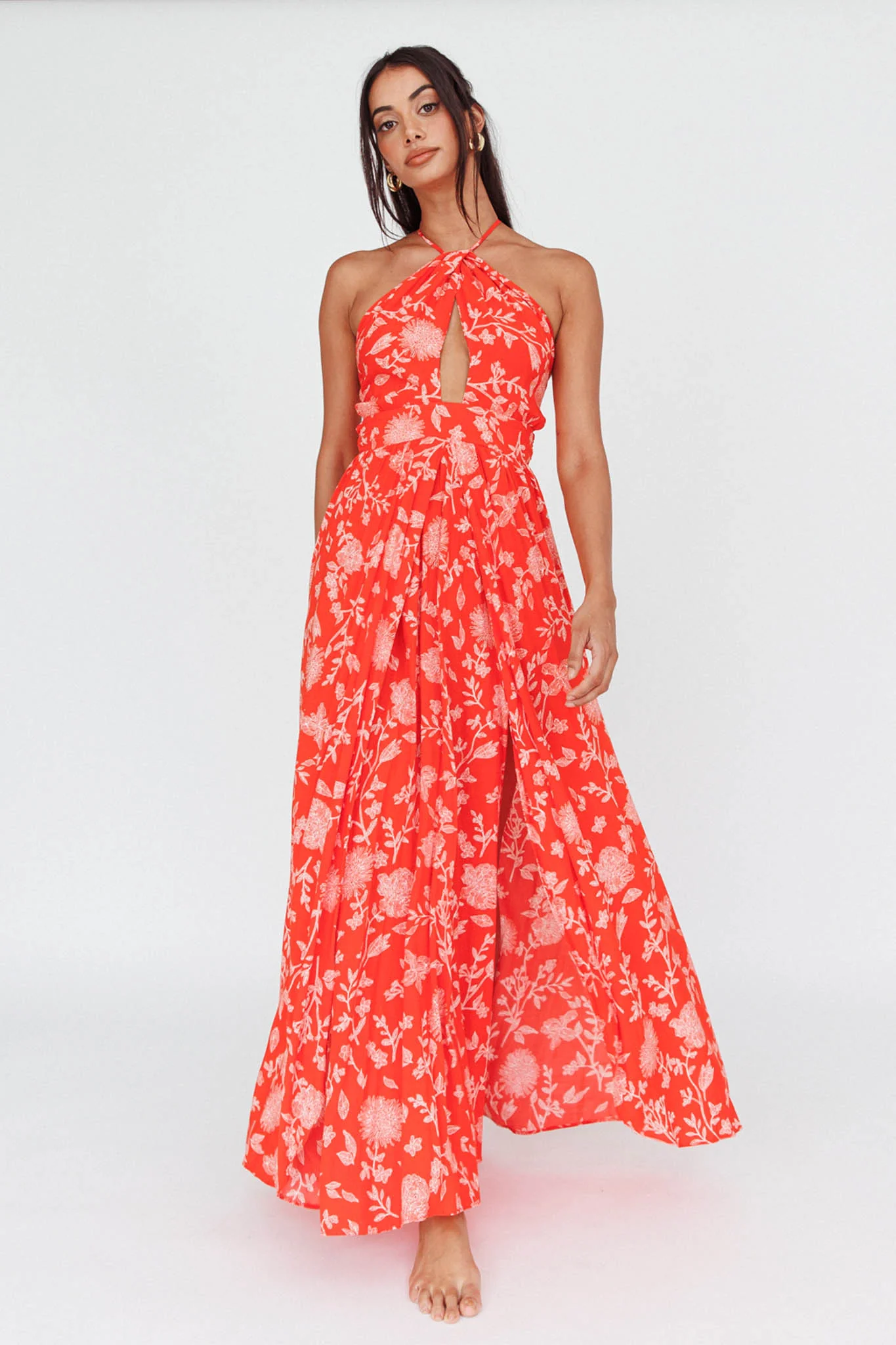 Athena High Split Maxi Dress Floral Print Red - Sonourner