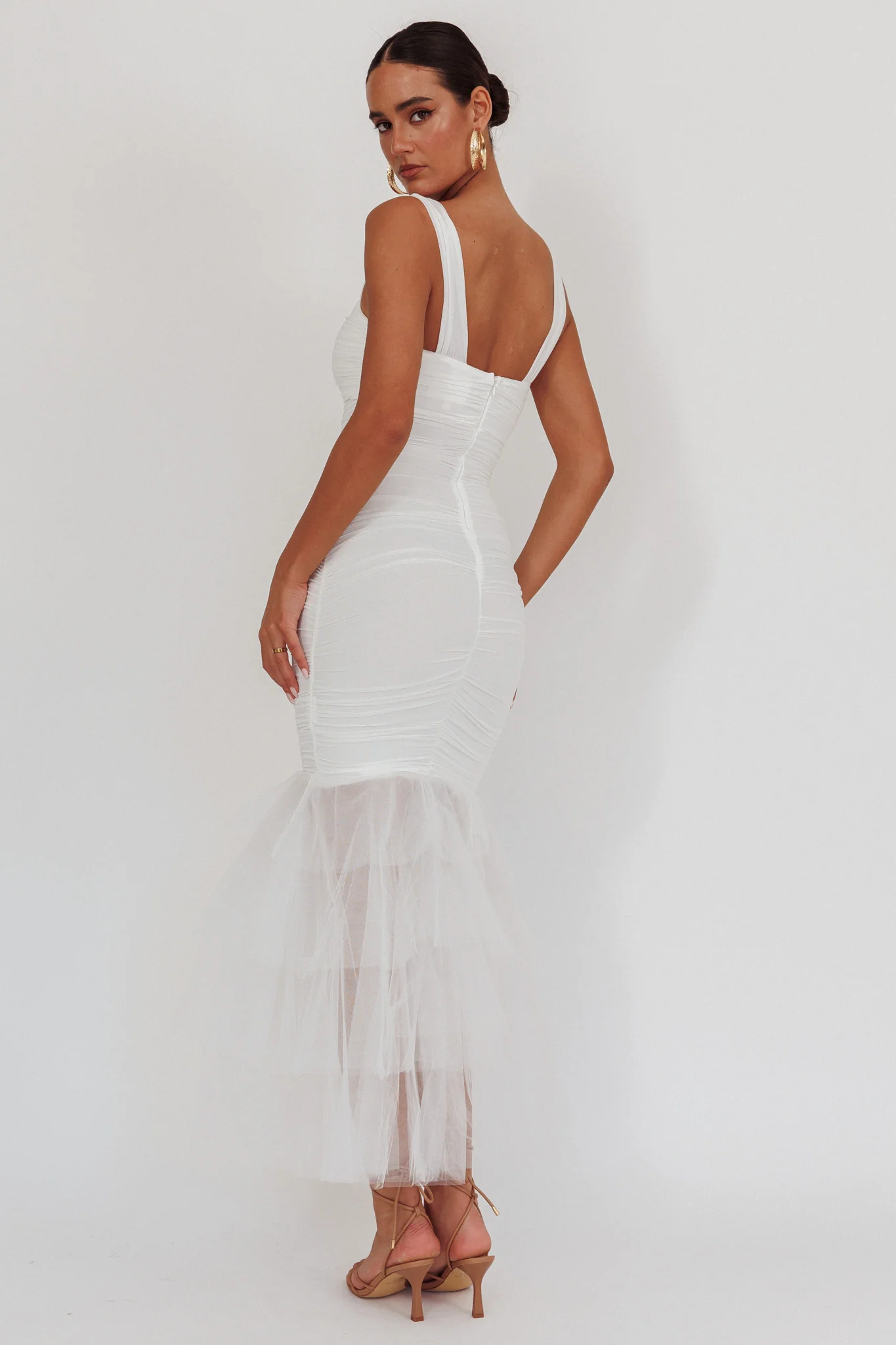 Nadia Tulle Hem Ruched Maxi Dress White - Sonourner