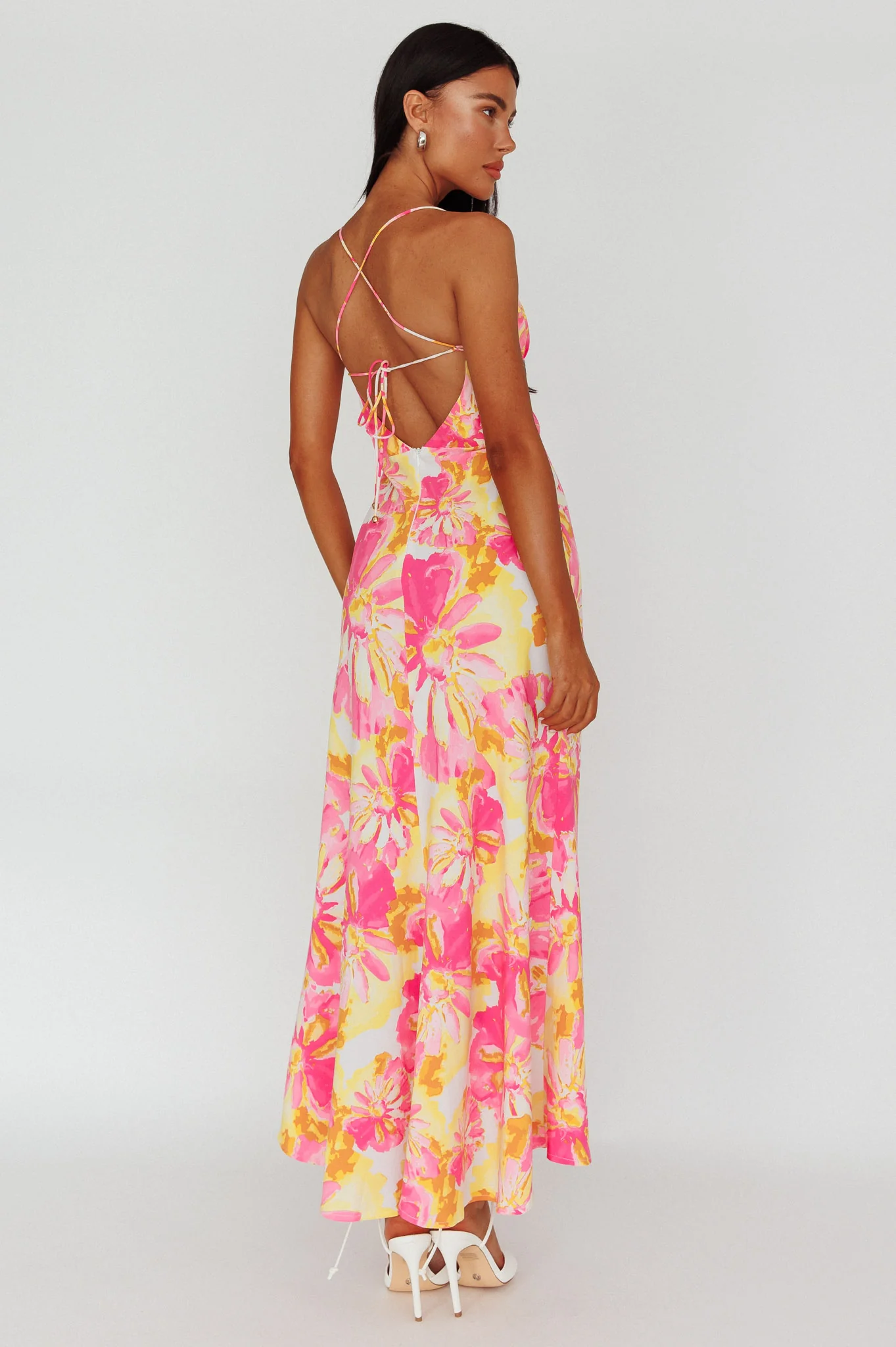 Alora Tie-Up Back Maxi Dress Flower Pink - Sonourner