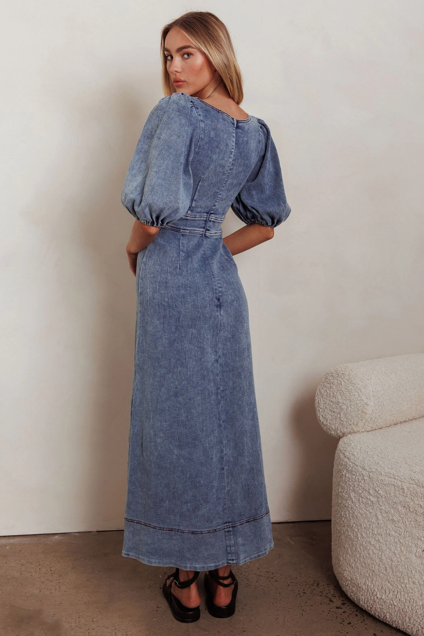 Sibille Puff Sleeve Maxi Dress Denim Blue - Sonourner