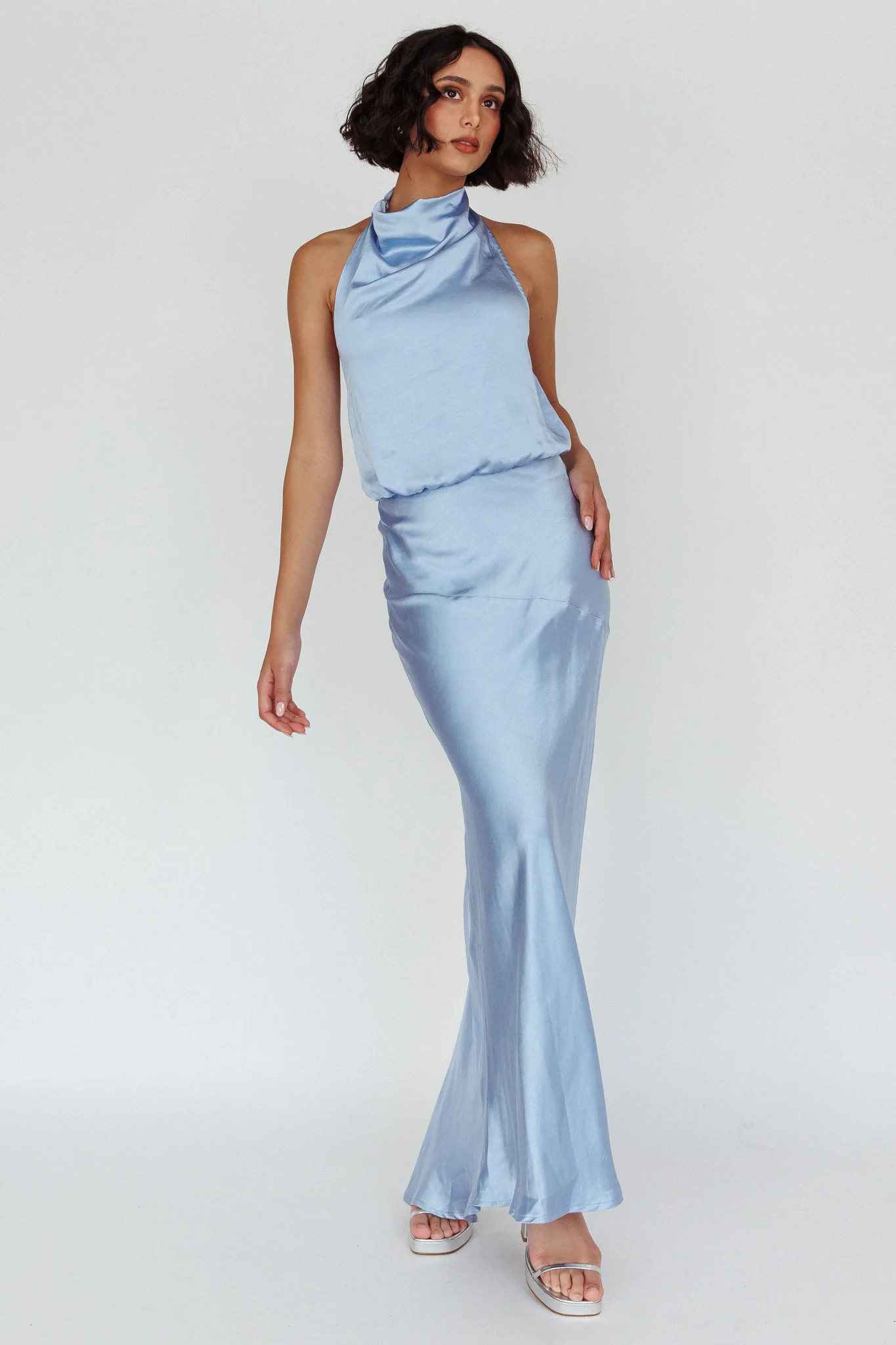 Amalfi Sunset Cowl Halterneck Maxi Dress Sky - Sonourner
