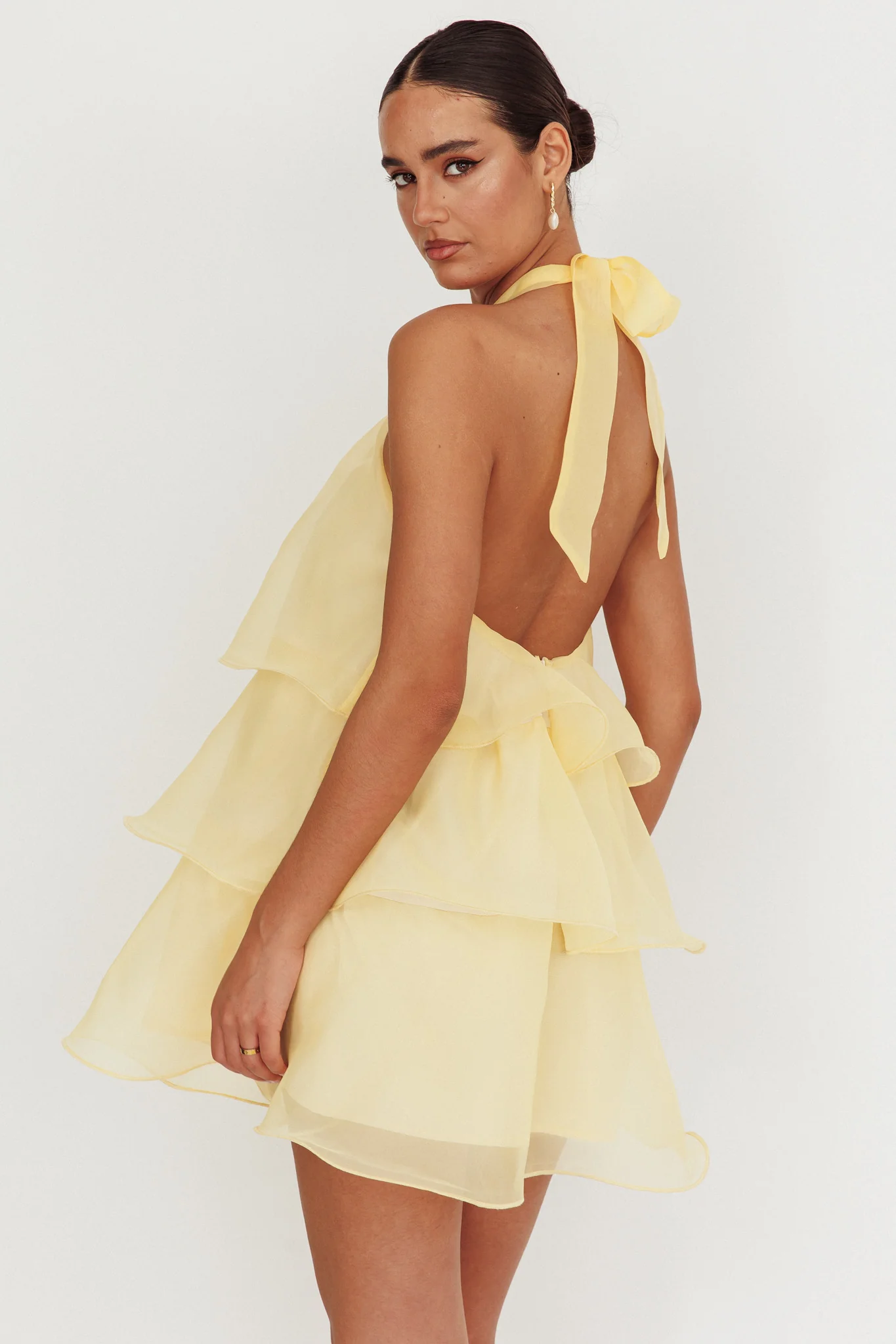 Tulips Tiered Halterneck Mini Dress Lemon - Sonourner