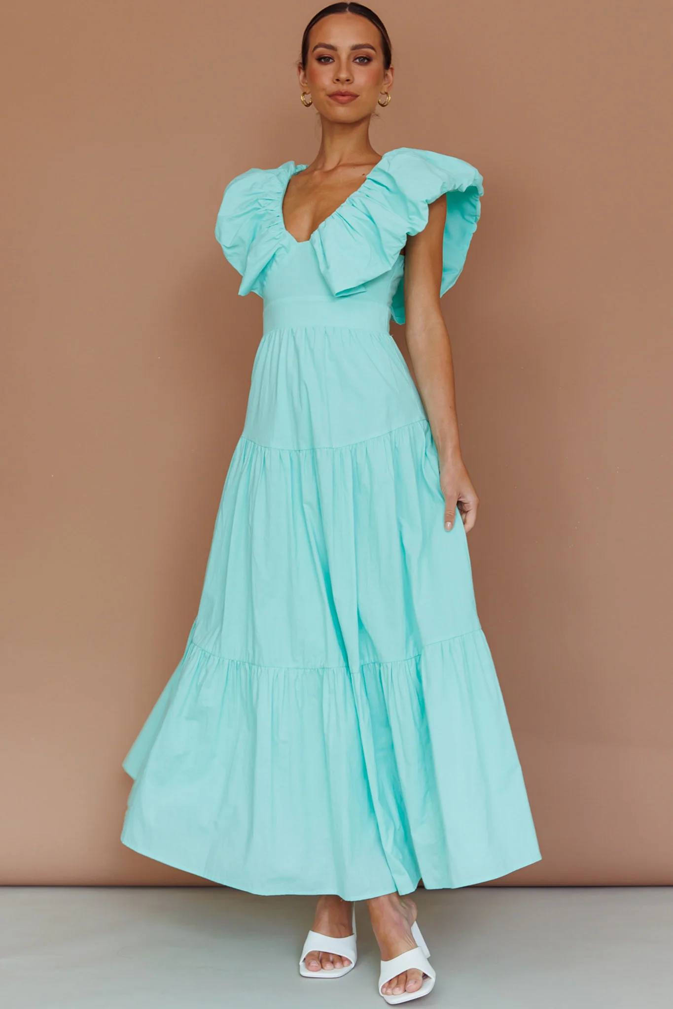 Kahlo Puffed Ruffle Neckline Maxi Dress Mint - Sonourner
