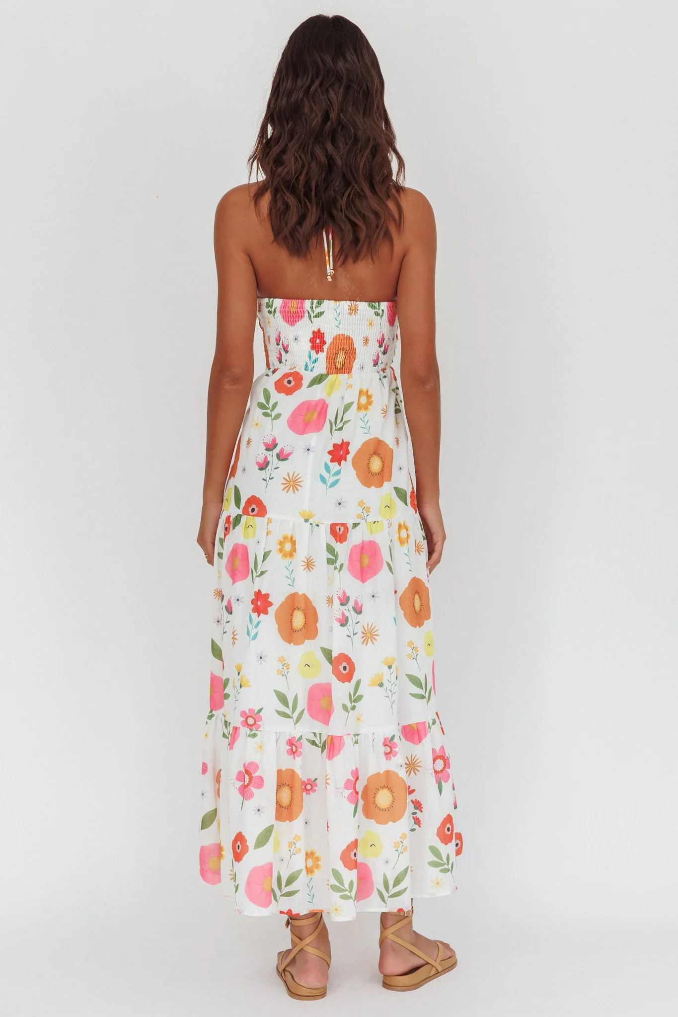 Asiah Gathered Bust Halterneck Maxi Dress Floral White - Sonourner