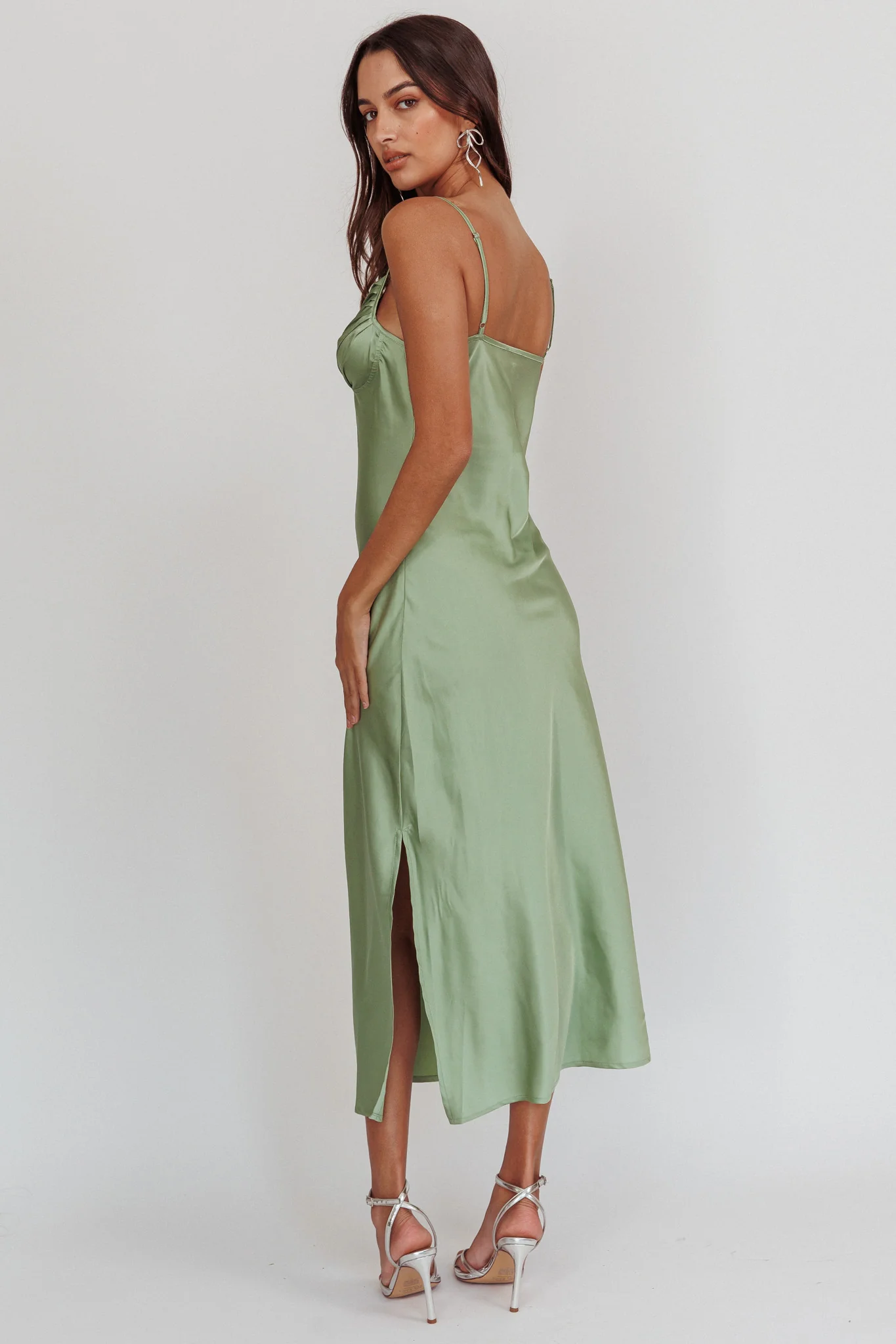 Felicity Pleat Bust Split Midi Dress Sage - Sonourner