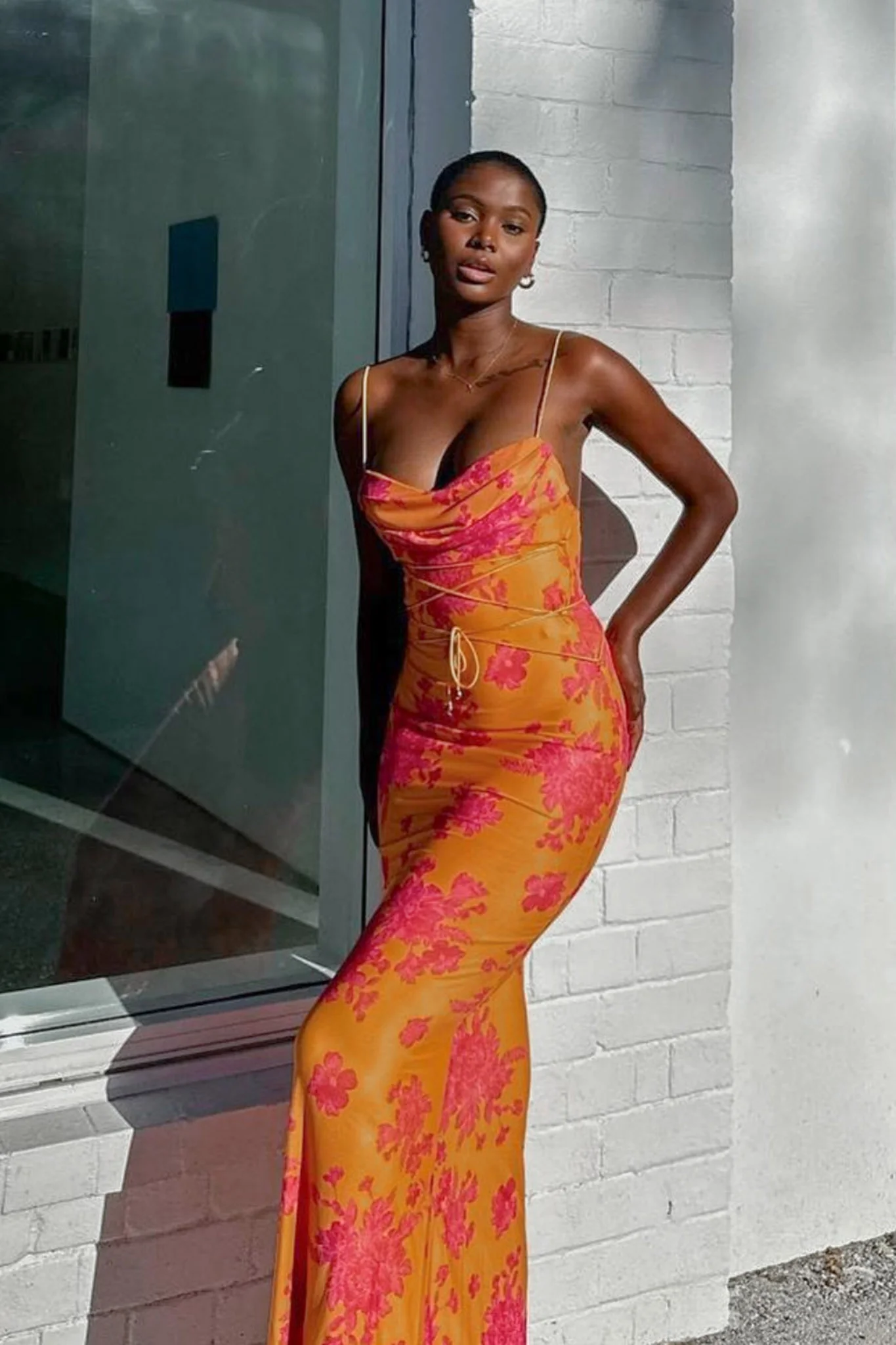 Teava Laced Waist Maxi Dress Floral Orange - Sonourner