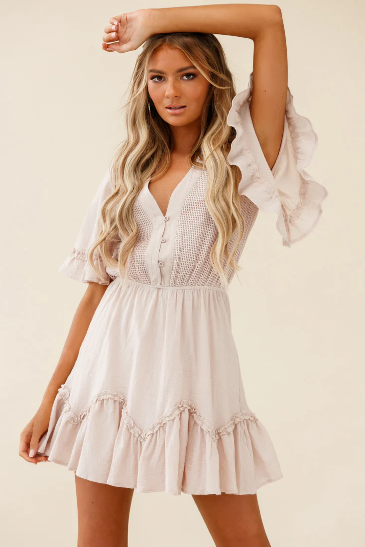 Play It Again Bust Placket Mesh Detail Dress Beige - Sonourner
