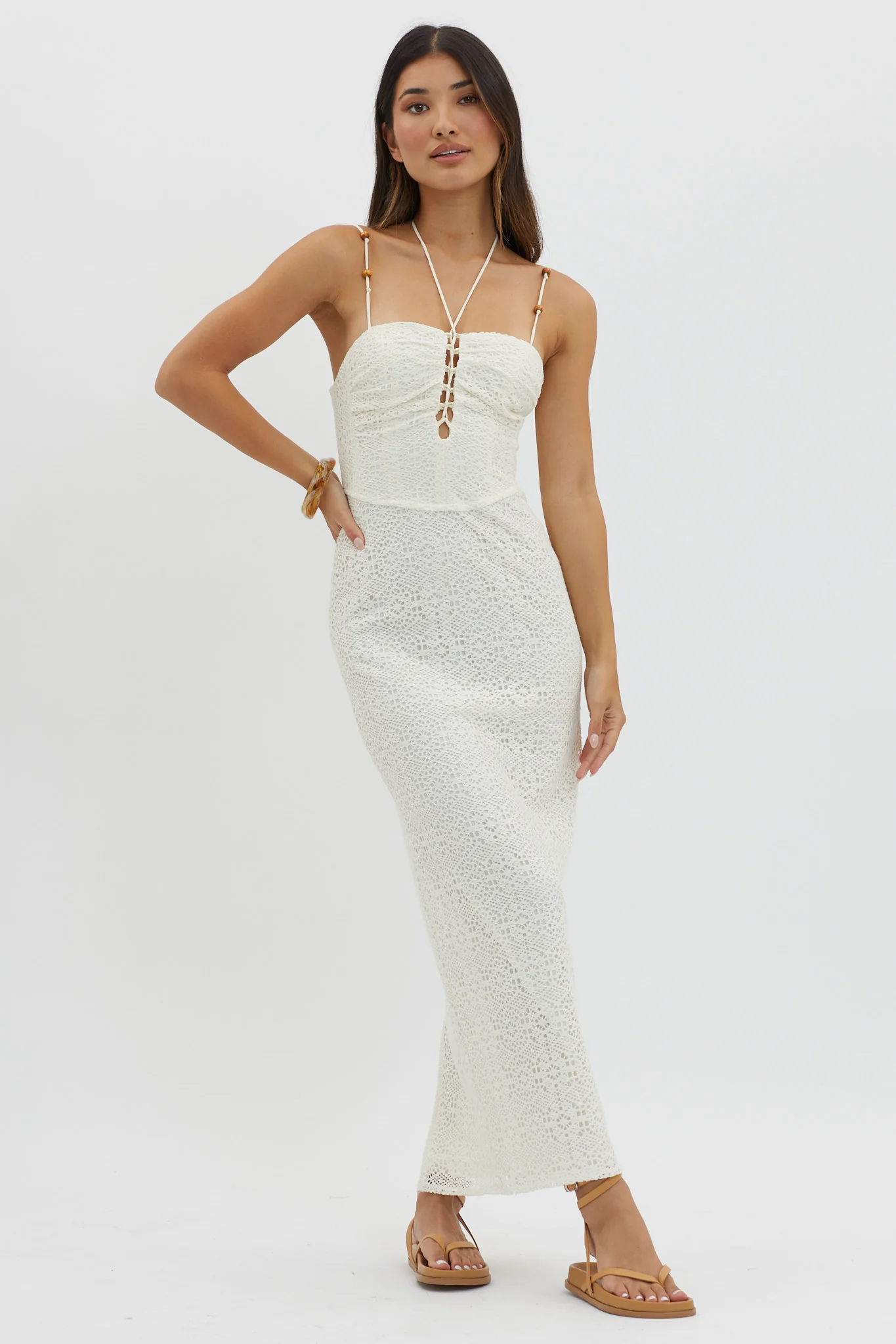Namaste Bead Strap Lace Midi Dress White - Sonourner