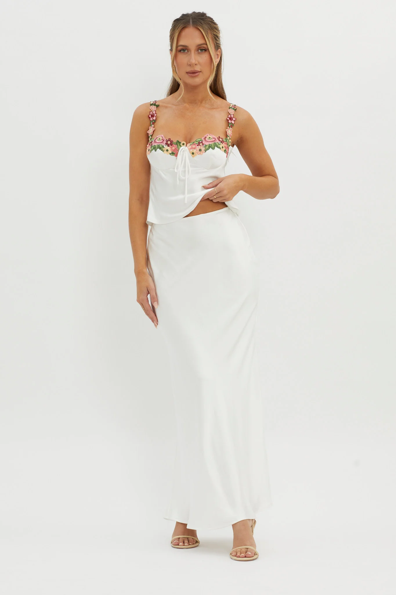 Rose Garden Satin Maxi Skirt White - Sonourner