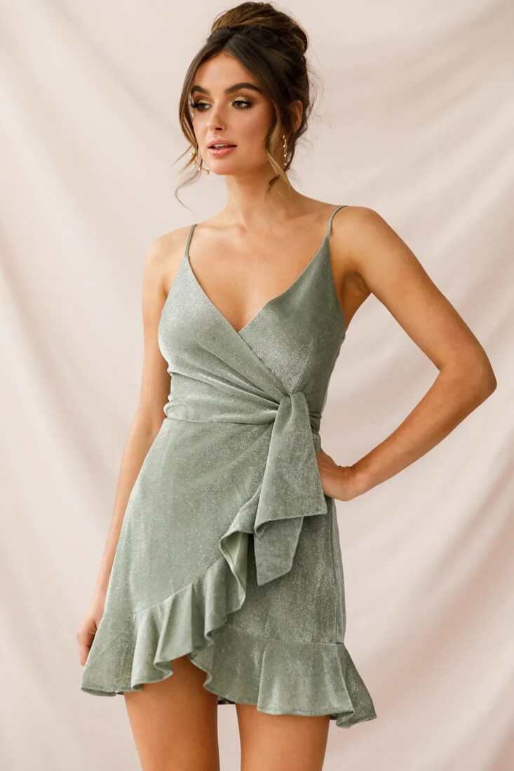 Laural Faux Wrap Ruffle Hem Dress Olive - Sonourner