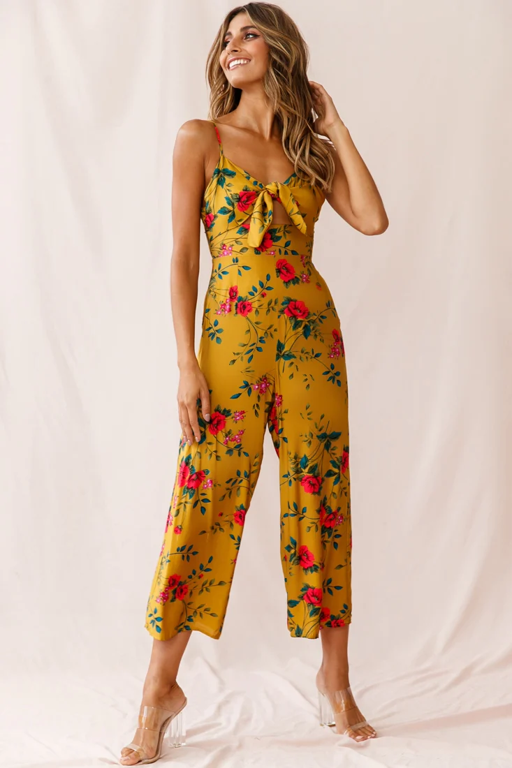 Call Me Wide-Leg Tied Bust Jumpsuit Floral Print Mustard - Sonourner