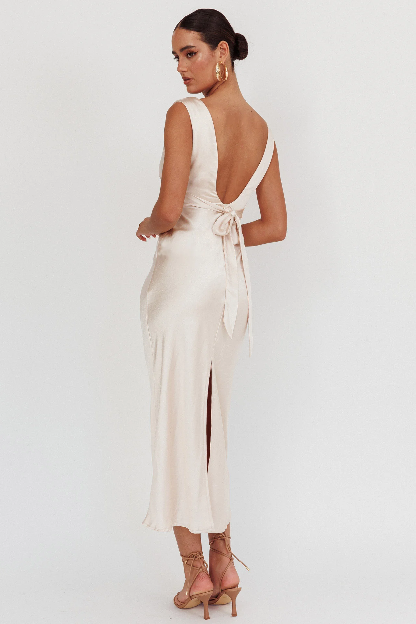 Leila V-Neck Low Back Satin Midi Dress Ivory - Sonourner