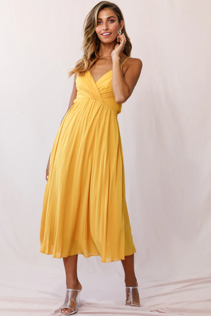 Artemis Accordion Pleat Strappy Back Midi Dress Mustard - Sonourner