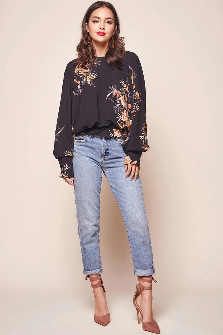 Alejandra Floral Print Bat Sleeve Top Black - Sonourner
