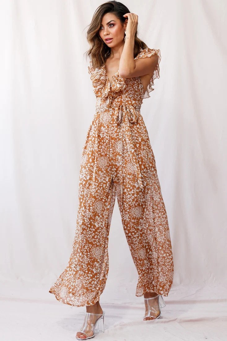 Marcia Ruffle Strap Wide Leg Jumpsuit Tan - Sonourner