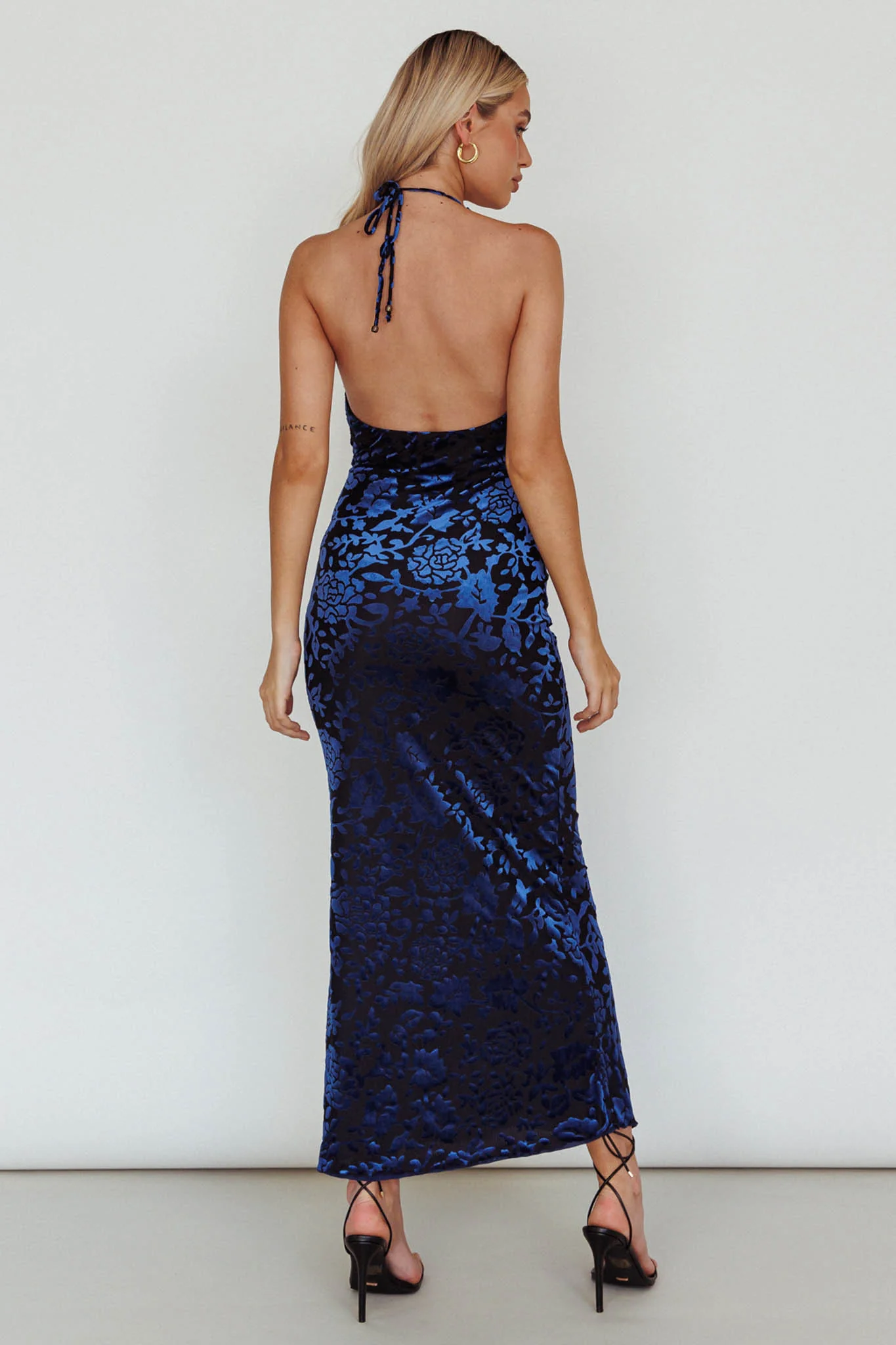 Byzantine Cowl Halterneck Midi Dress Floral Midnight Blue - Sonourner