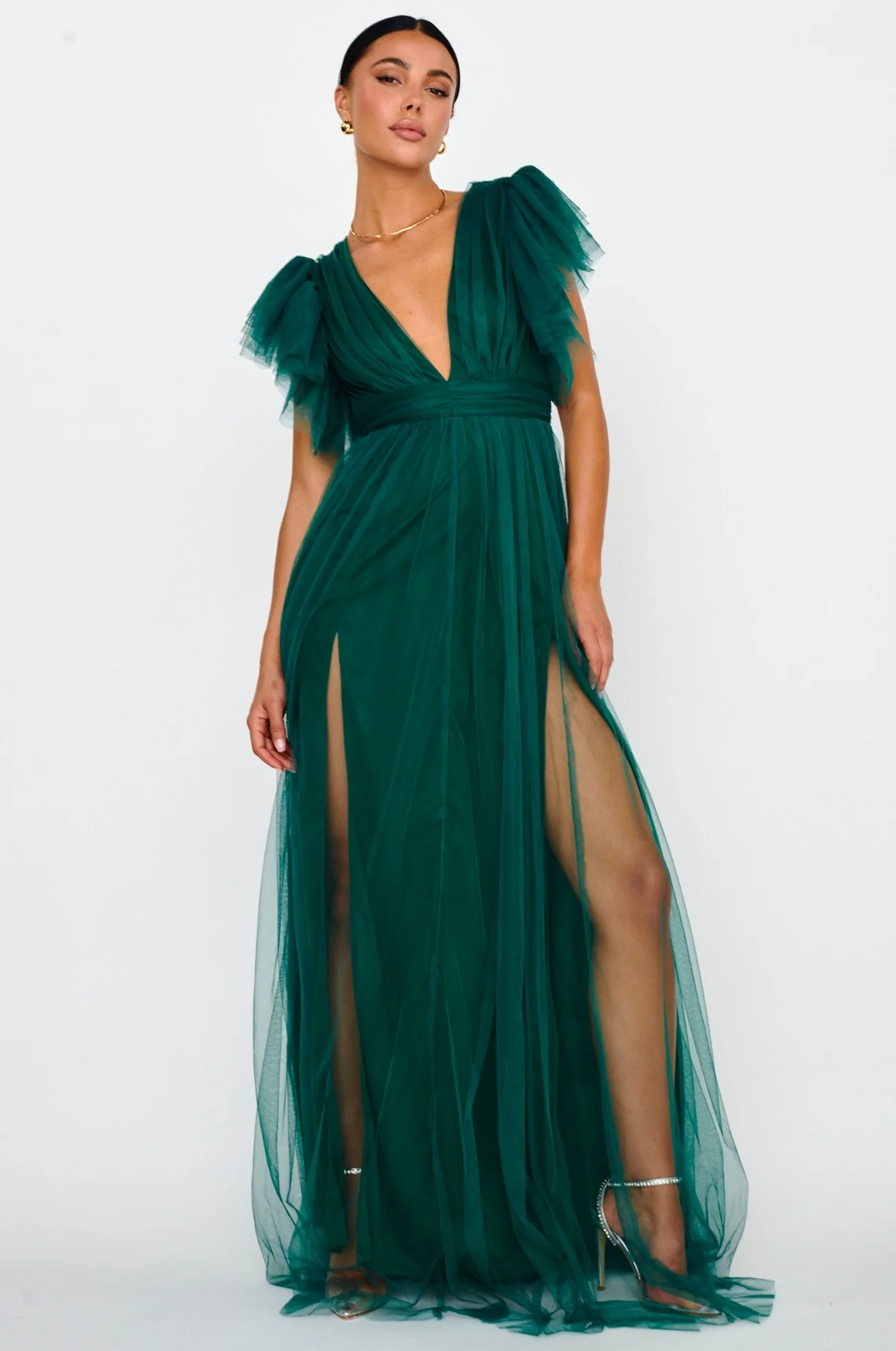 Heaven's Love Deep V-Neck Tulle Maxi Dress Hunter Green - Sonourner