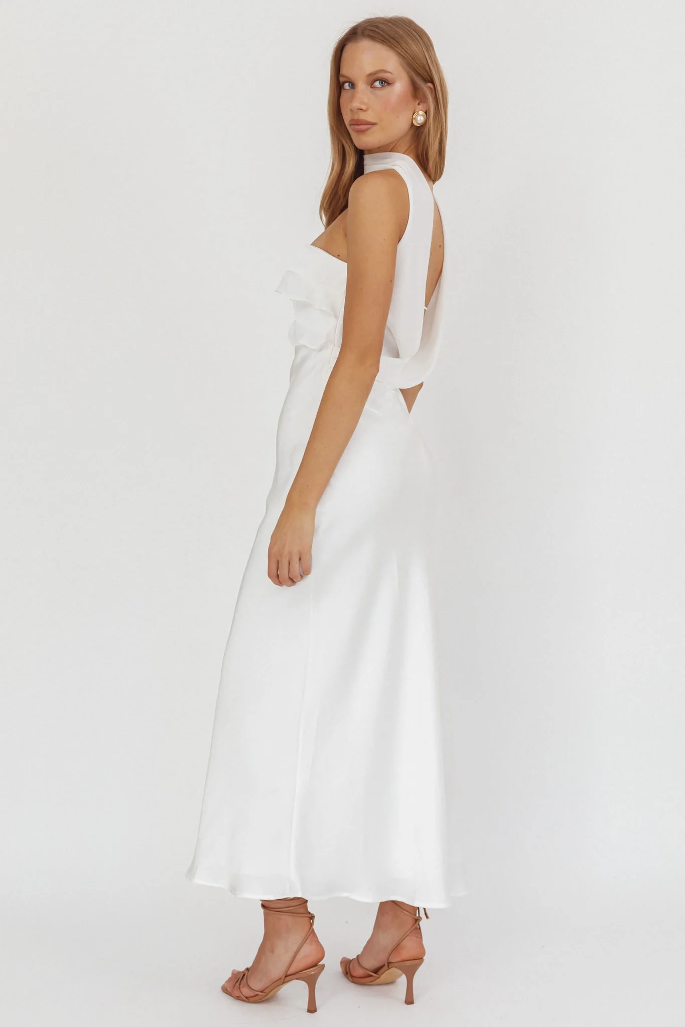 Damsel Reverse Halter Frill Trim Maxi Dress White - Sonourner