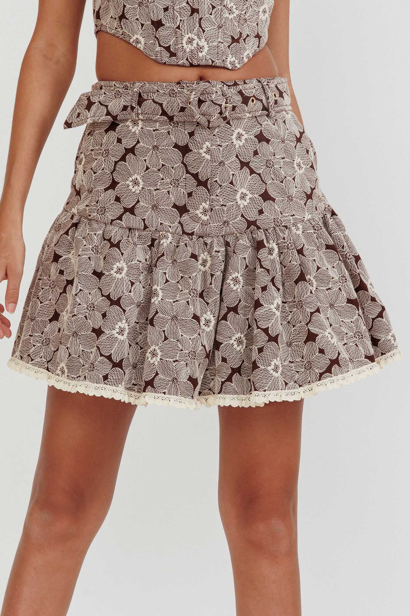 Southern Belles Belted Waist Mini Skirt Floral Brown - Sonourner
