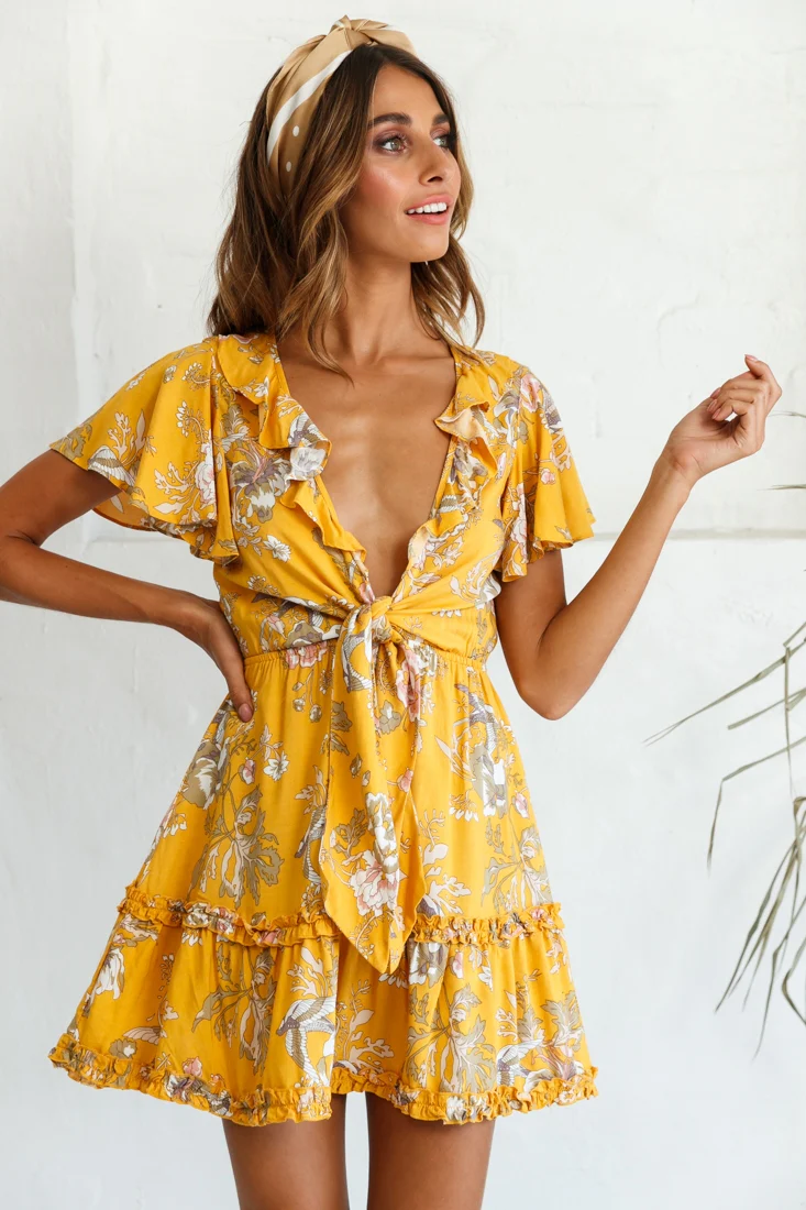 Sunny Daze Angel Sleeve Tie-Knot Bust Floral Print Dress Mustard - Sonourner