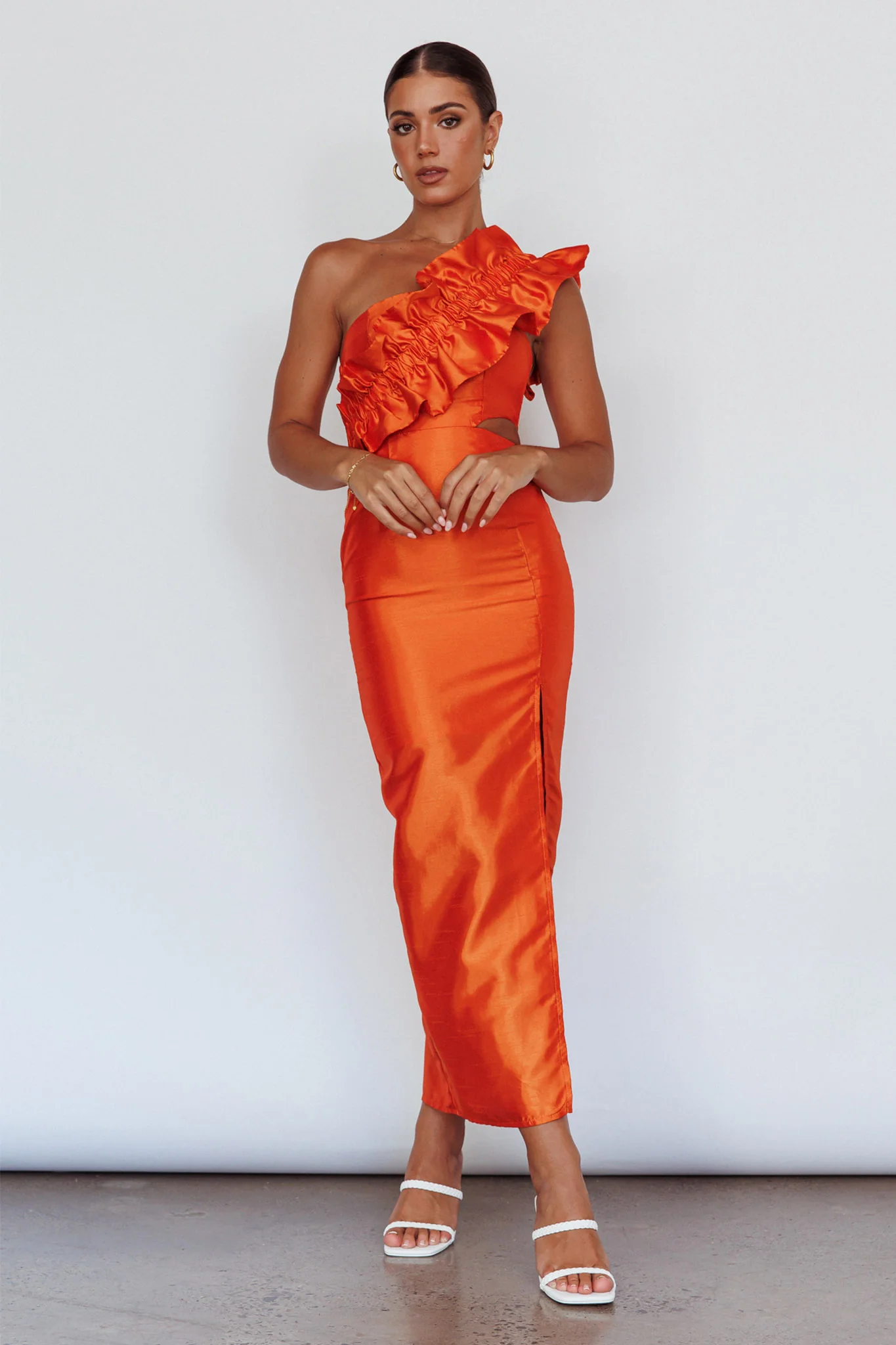 NY Moment Wide Ruffle Shoulder Dress Orange - Sonourner