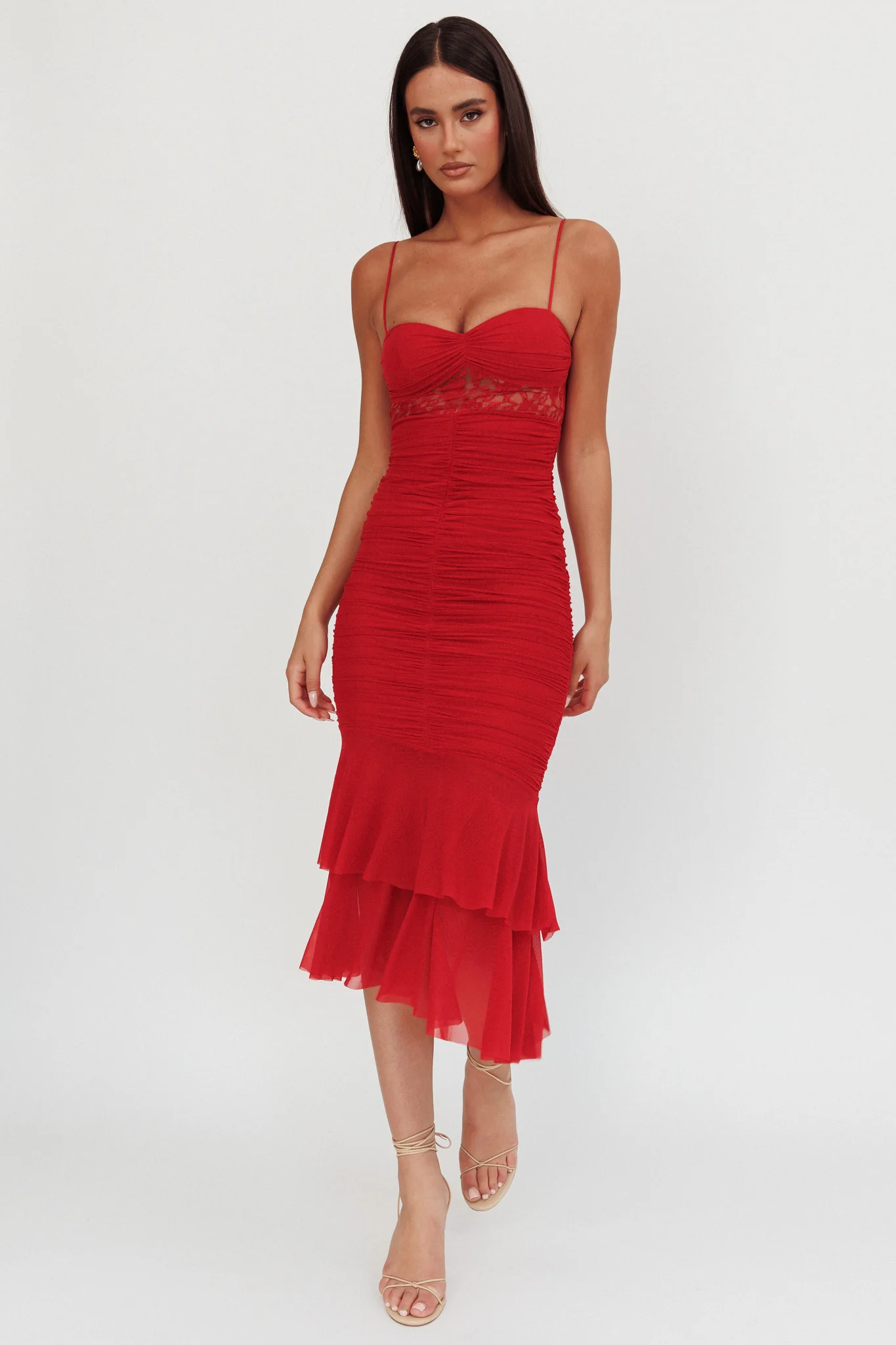 Cherubim Lace Insert Ruched Midi Dress Red - Sonourner