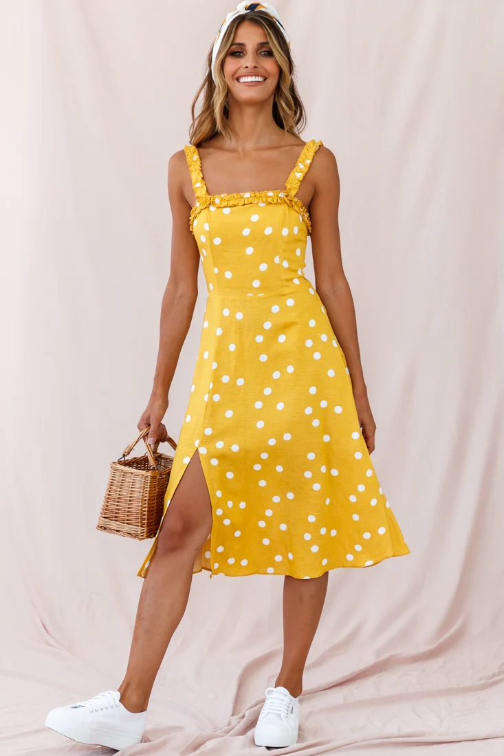 Magdalene Frill Strap A-Line Midi Dress Yellow Mustard - Sonourner