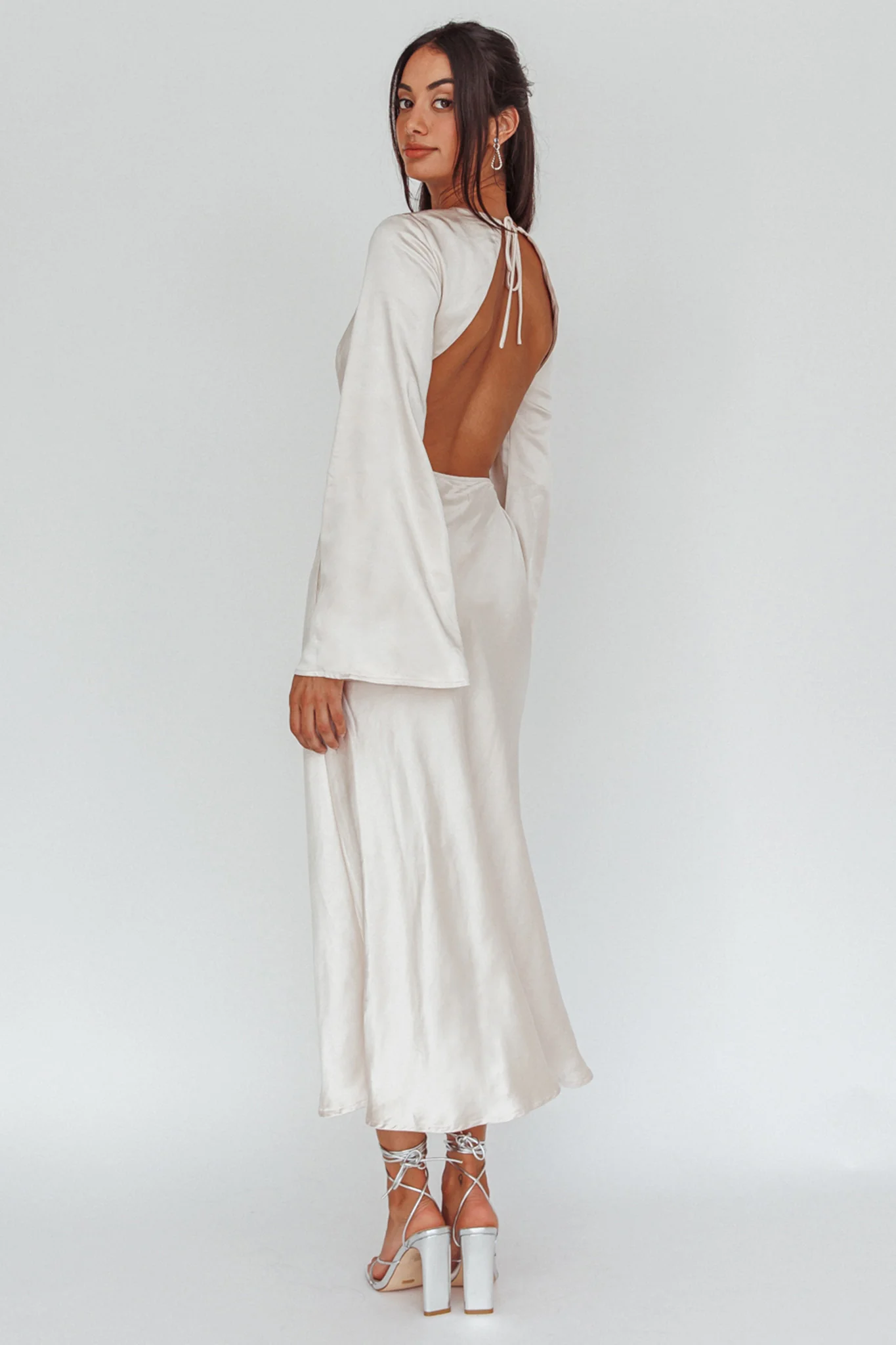 Doting Bell Sleeve Cut-Out Midi Dress Champagne - Sonourner