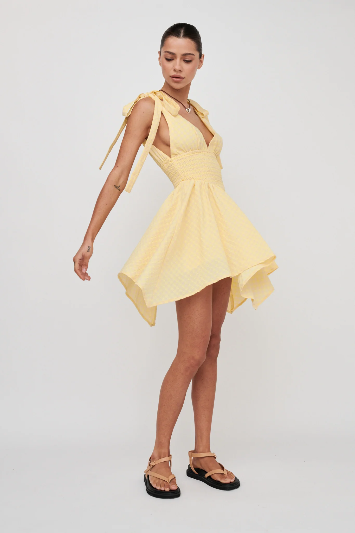 Lido Tied Shoulder Shirred Romper Lemon - Sonourner