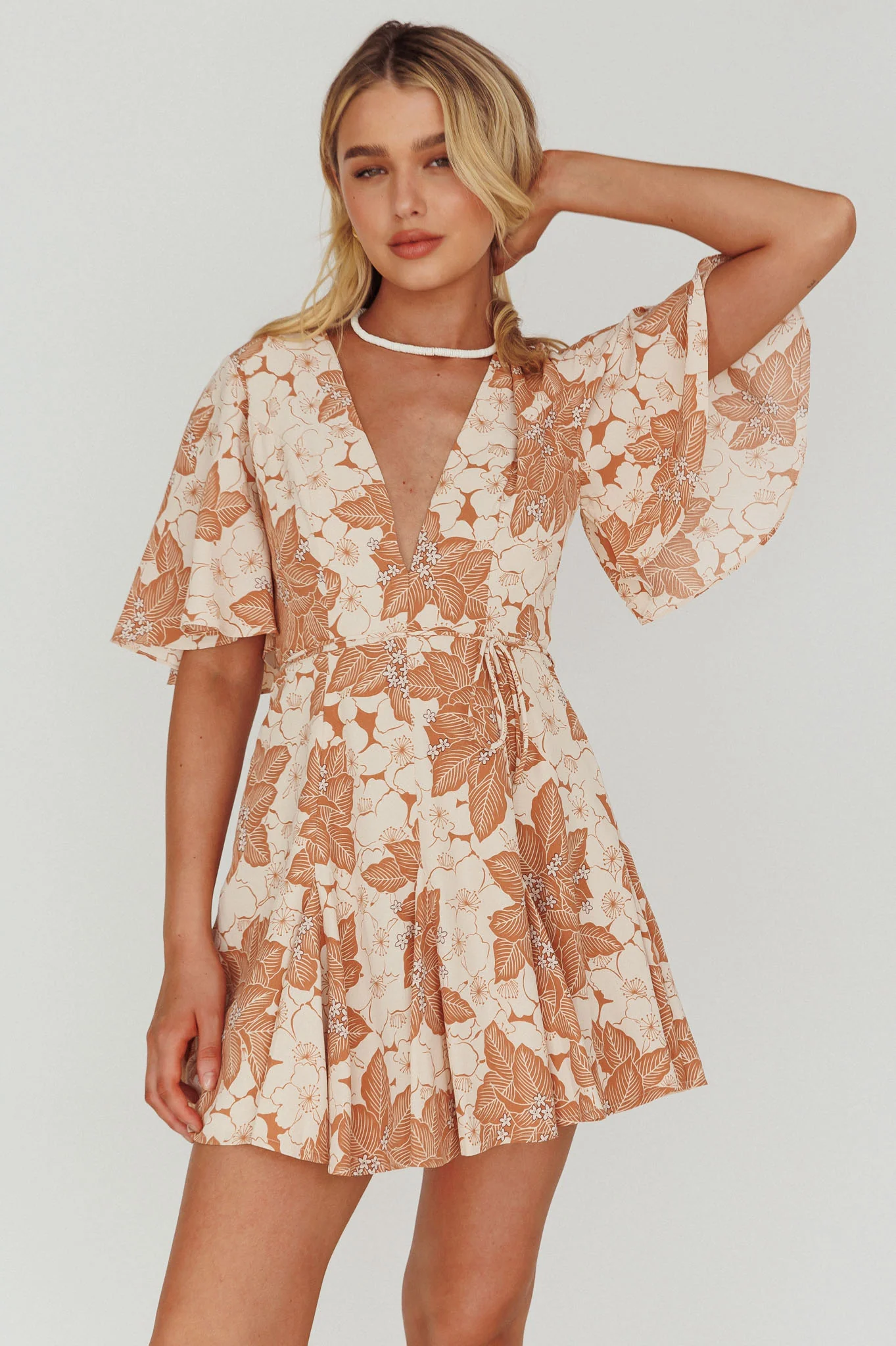 Estelle Angel Sleeve Dress Floral Brown - Sonourner