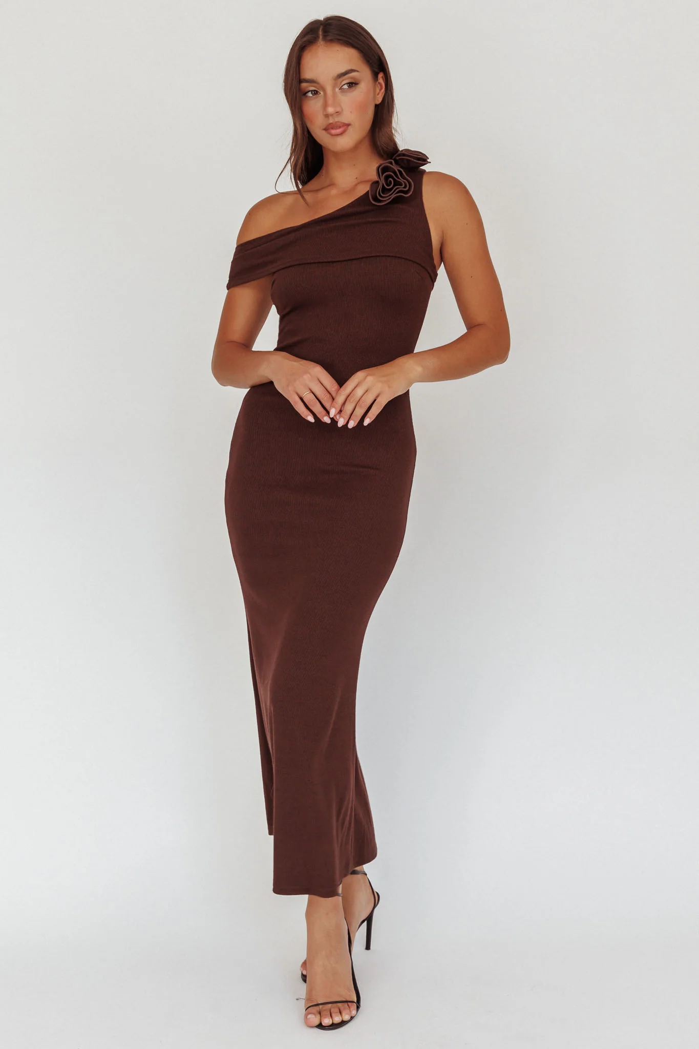 Mazon One-Shoulder Knit Maxi Dress Chocolate - Sonourner
