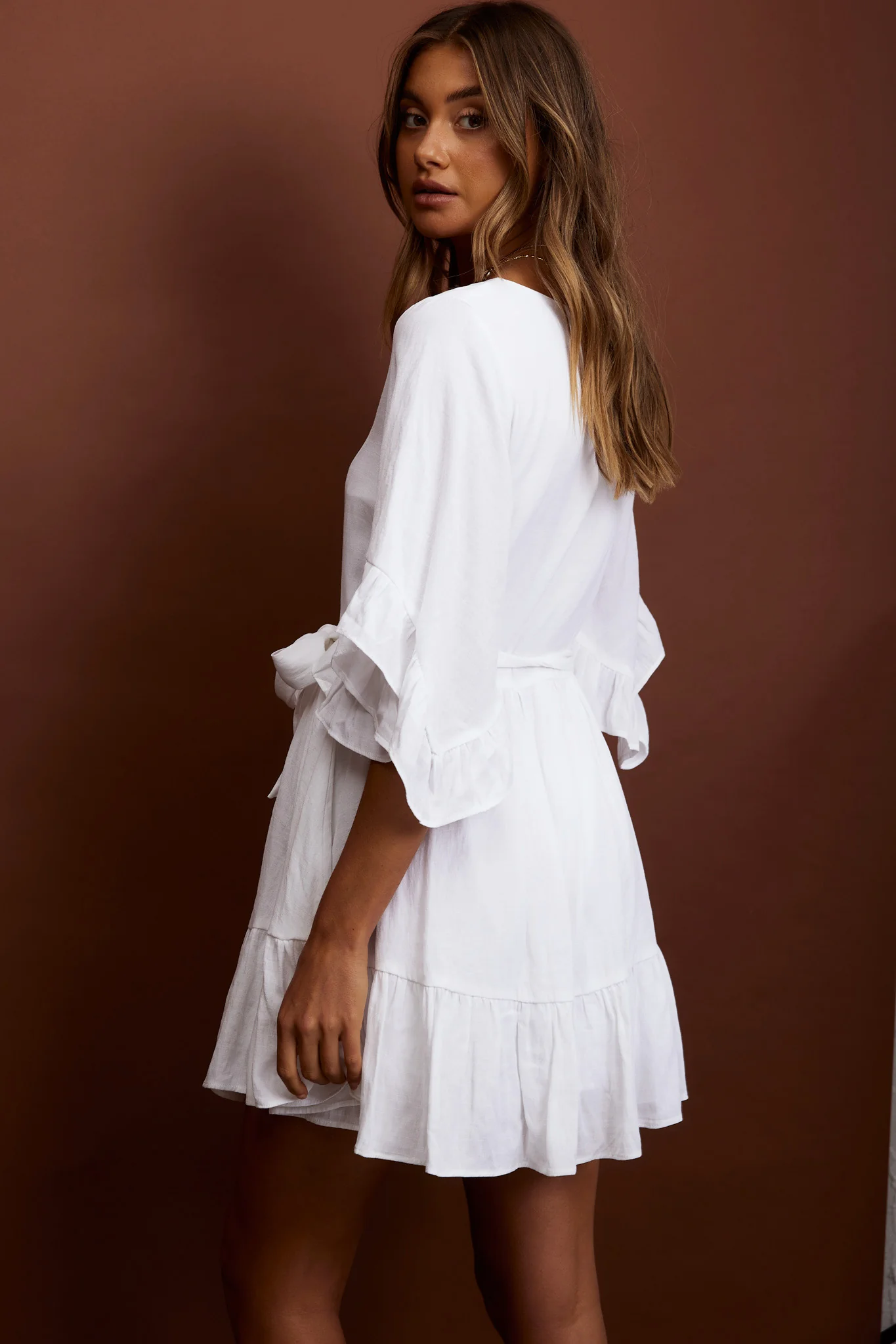 Joni Batwing Sleeve Waist Tie Dress Ruffle White - Sonourner
