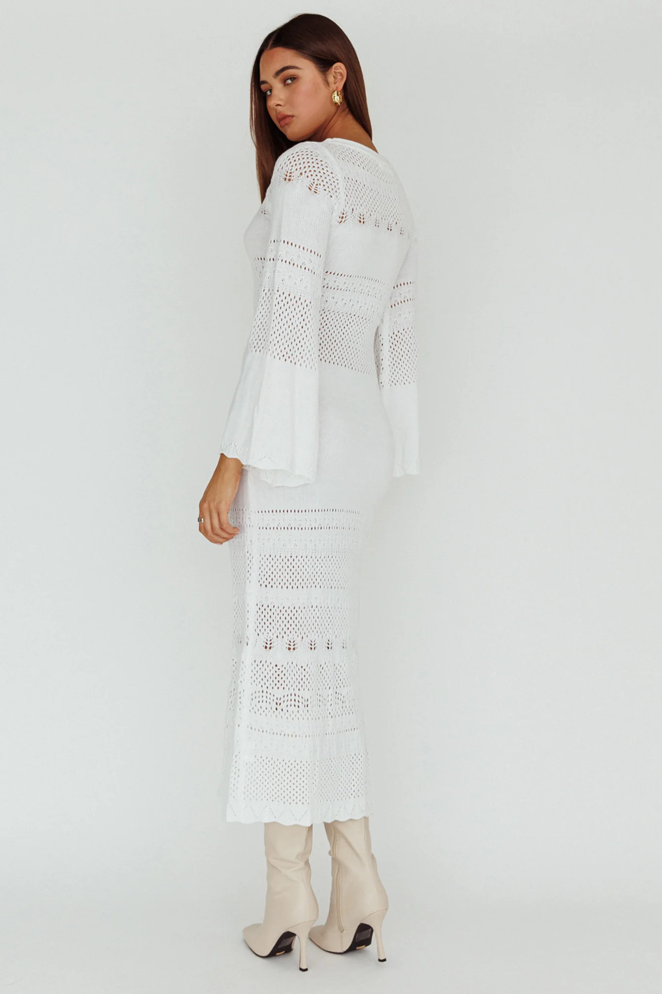 Gail Long Sleeve Crochet Maxi Dress White - Sonourner