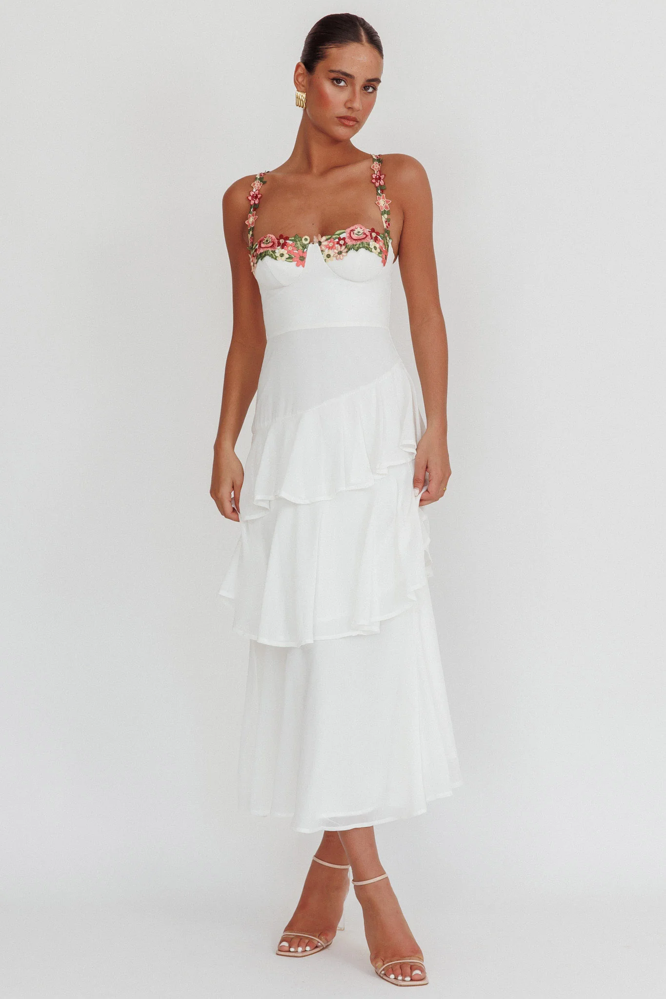 Rose Garden Tiered Ruffle Floral Trim Maxi Dress White - Sonourner