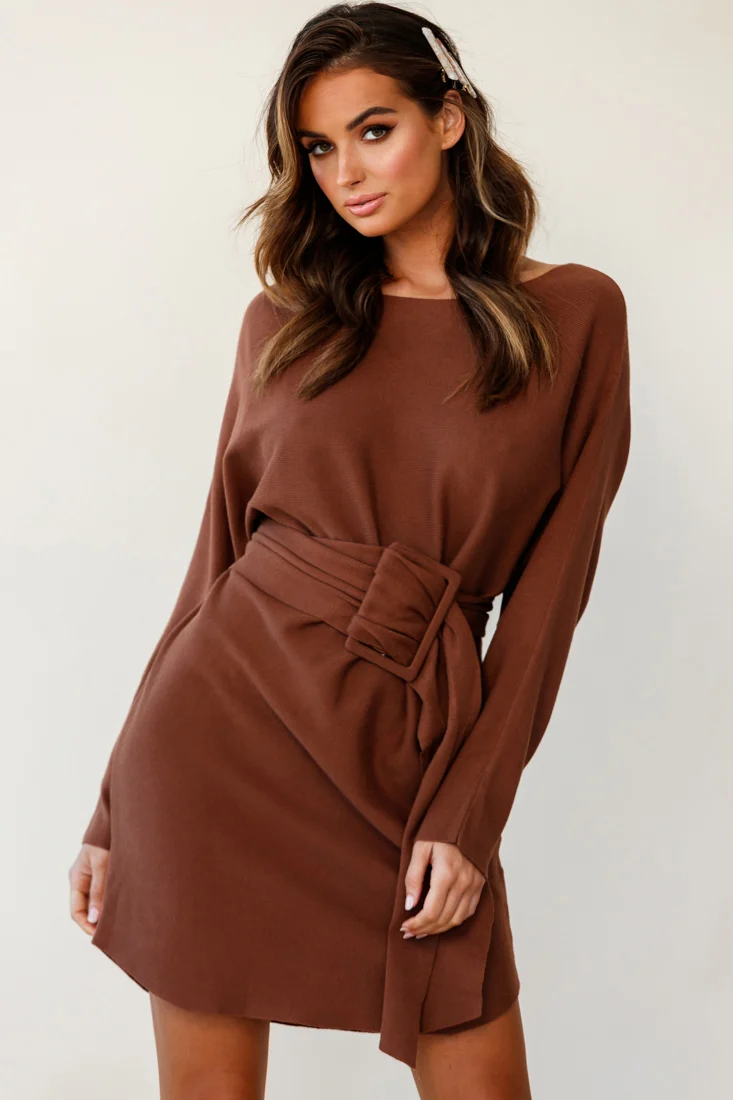 Lorelei Long Sleeve Wide Belt Knit Dress Camel - Sonourner