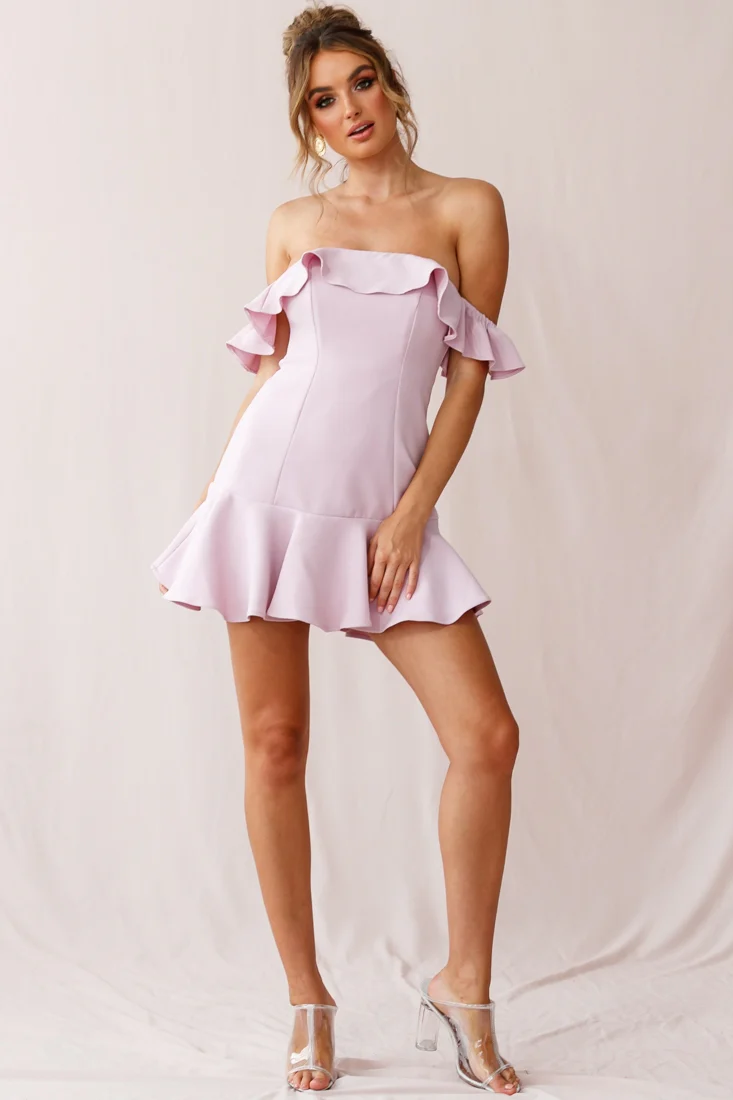 Ondine Bardot Neckline Fluted Hem Dress Mauve - Sonourner