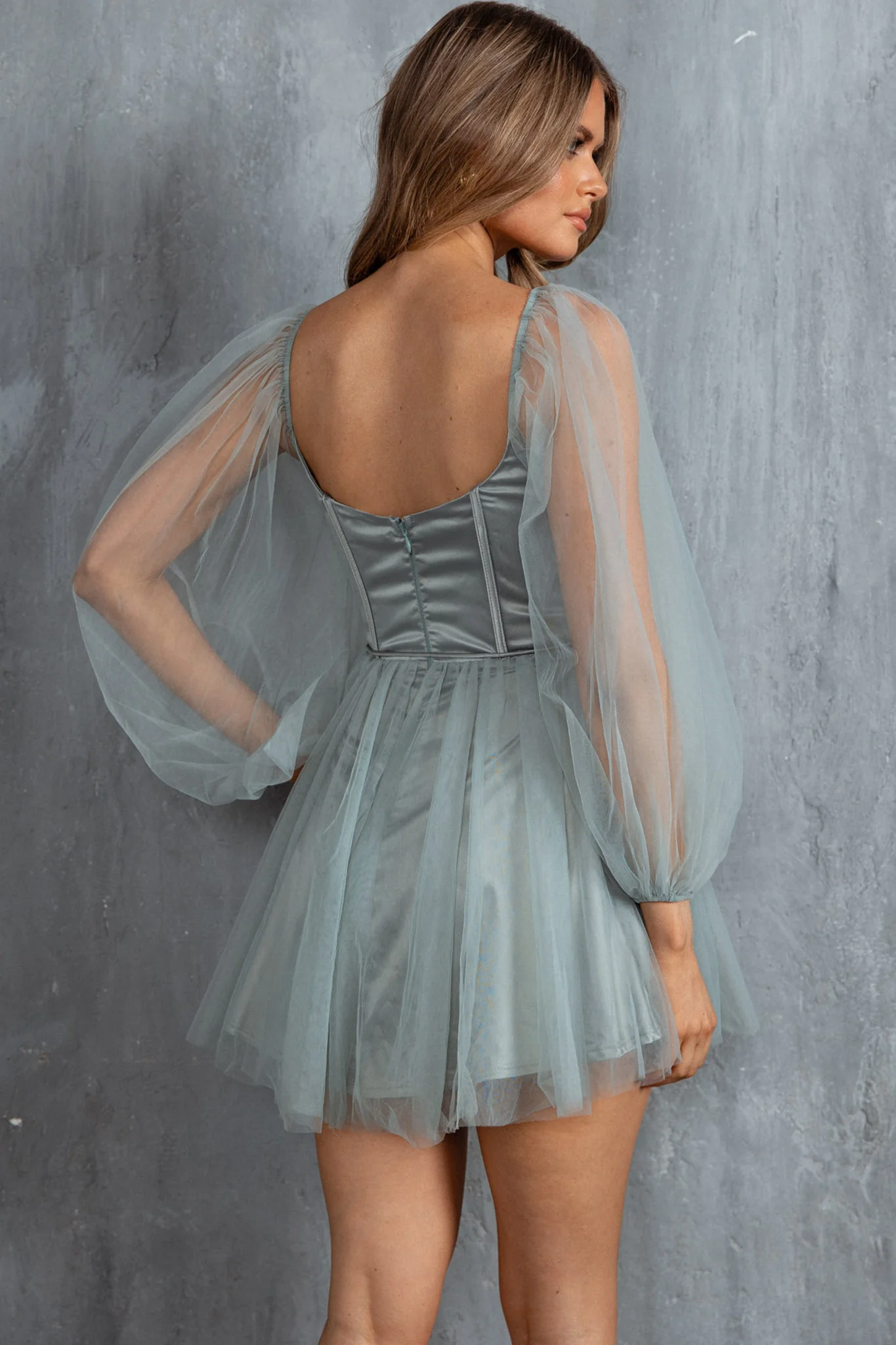 Fairytale Dream Sheer Sleeve Mini Dress Sage - Sonourner