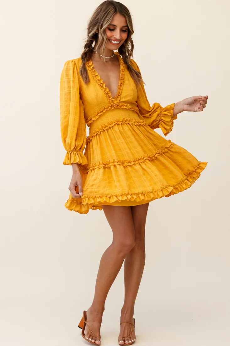 Laney Cutout Back Balloon Sleeve Dress Mustard - Sonourner