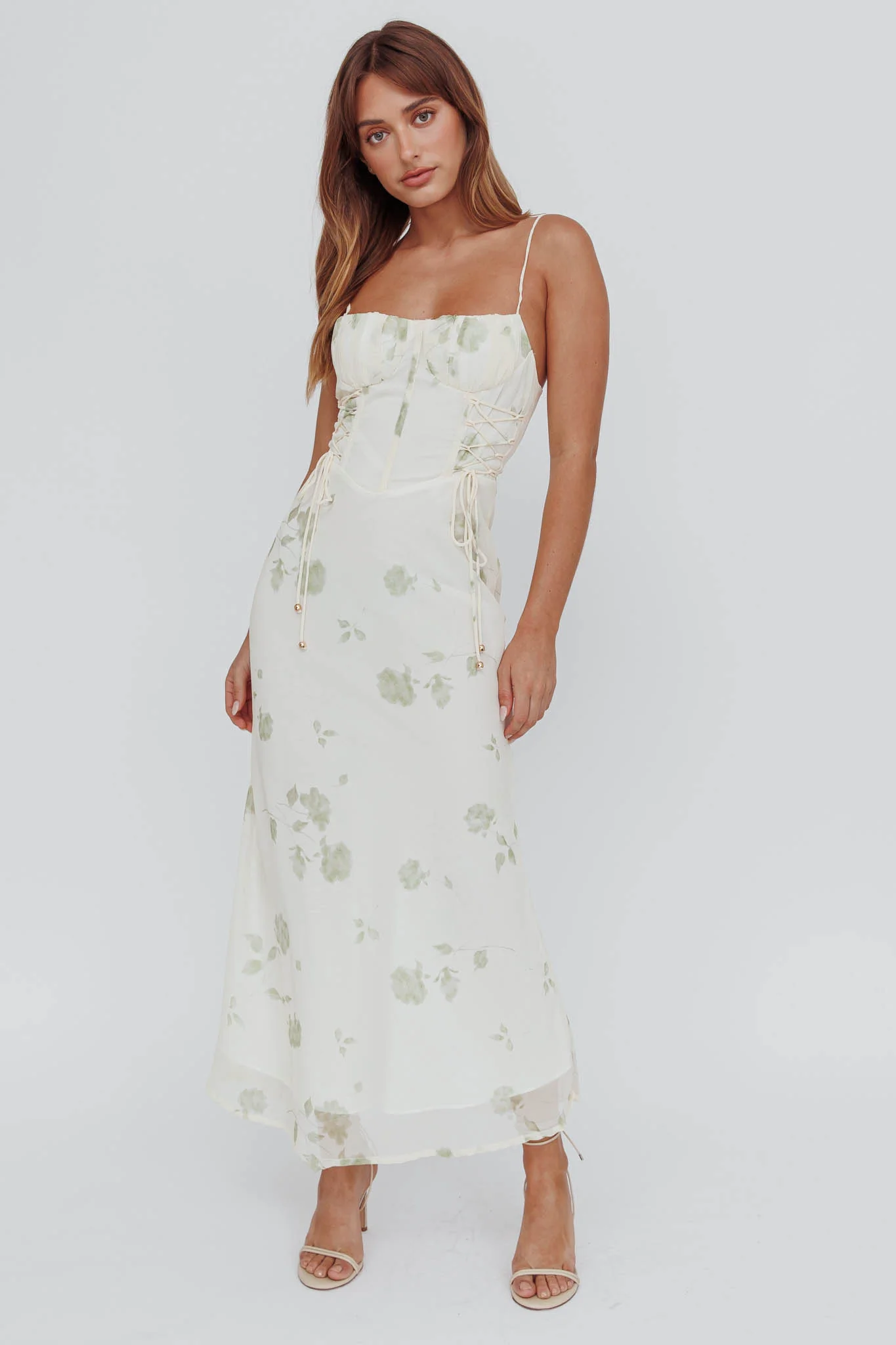 Graziella Laced Corset Midi Dress Floral Green - Sonourner