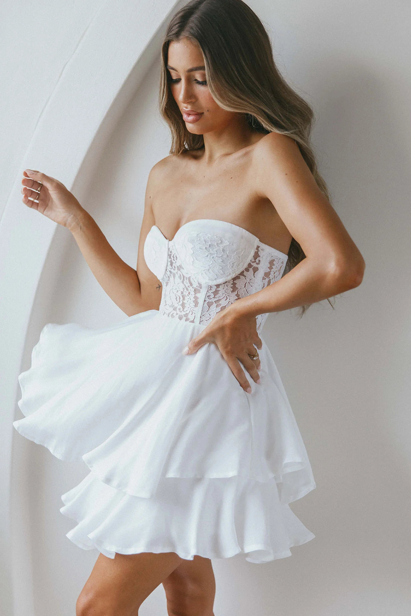 In Your Arms Strapless Lace Bodice Layered Hem Mini Dress White - Sonourner