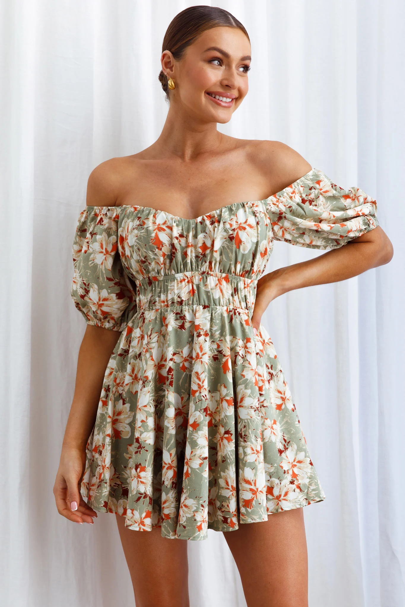 Chasing Sunsets Off-Shoulder Mini Dress Floral Green - Sonourner