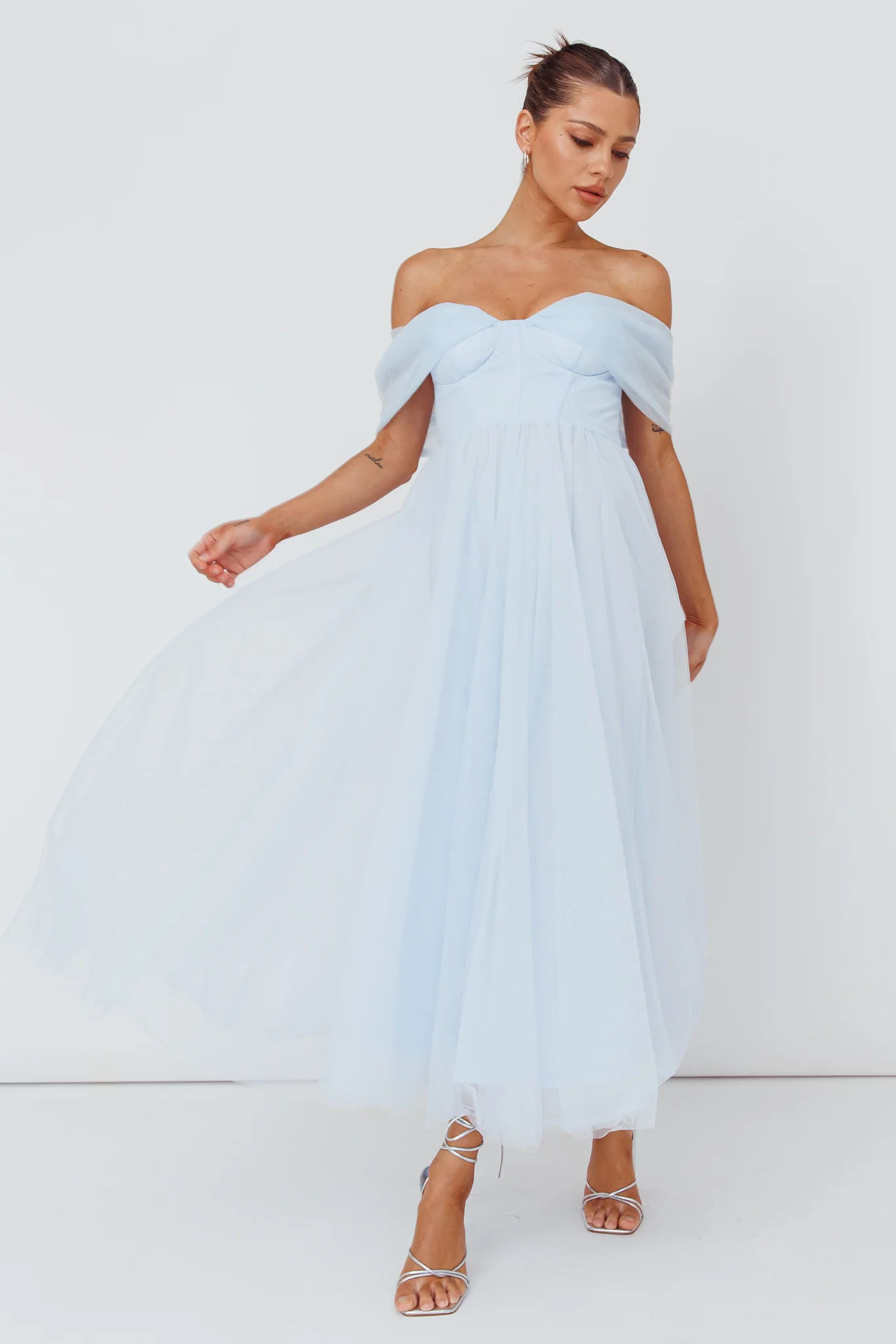 Dreamers & Lovers Off-Shoulder Maxi Dress Powder Blue - Sonourner