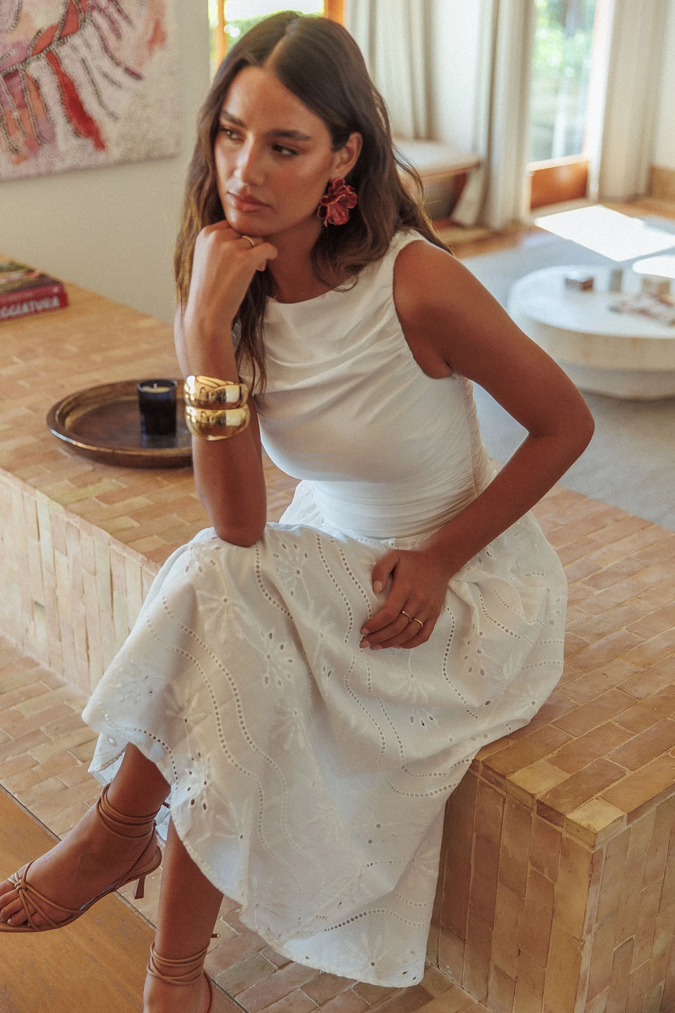 Dalayla Sleeveless Eyelet Maxi Dress White - Sonourner