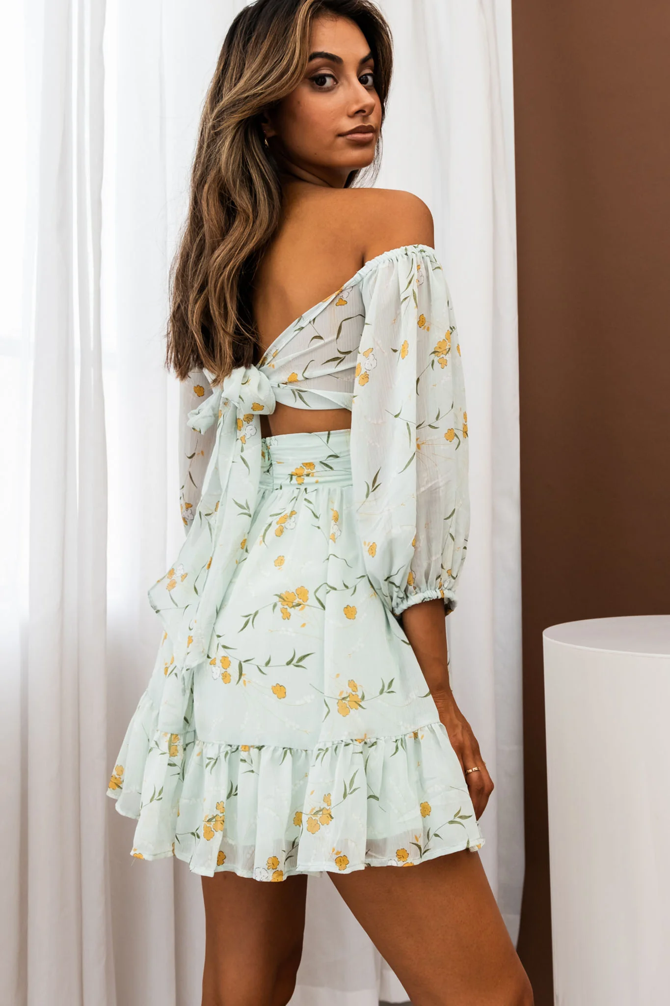 Abby Off-Shoulder Tie-Up Back Dress Floral Print Mint - Sonourner