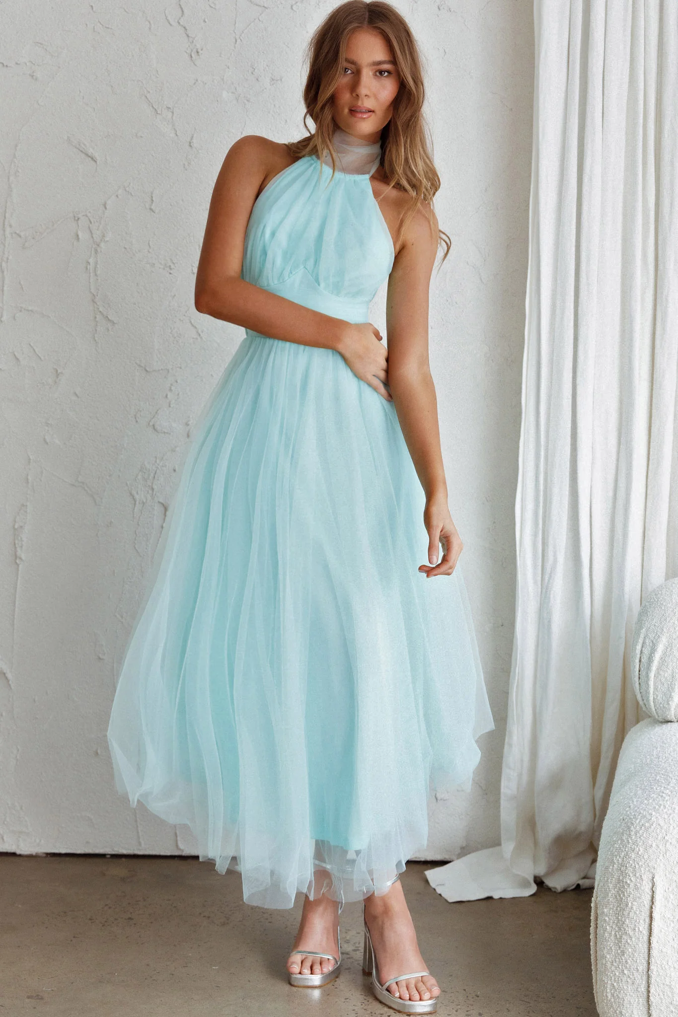Andria Halterneck Tulle Midi Dress Mint - Sonourner