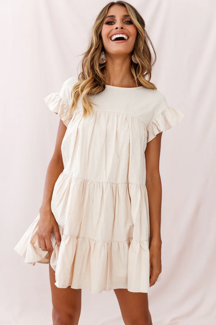 Hyacinth Ruffle Sleeve Smock Dress Beige - Sonourner