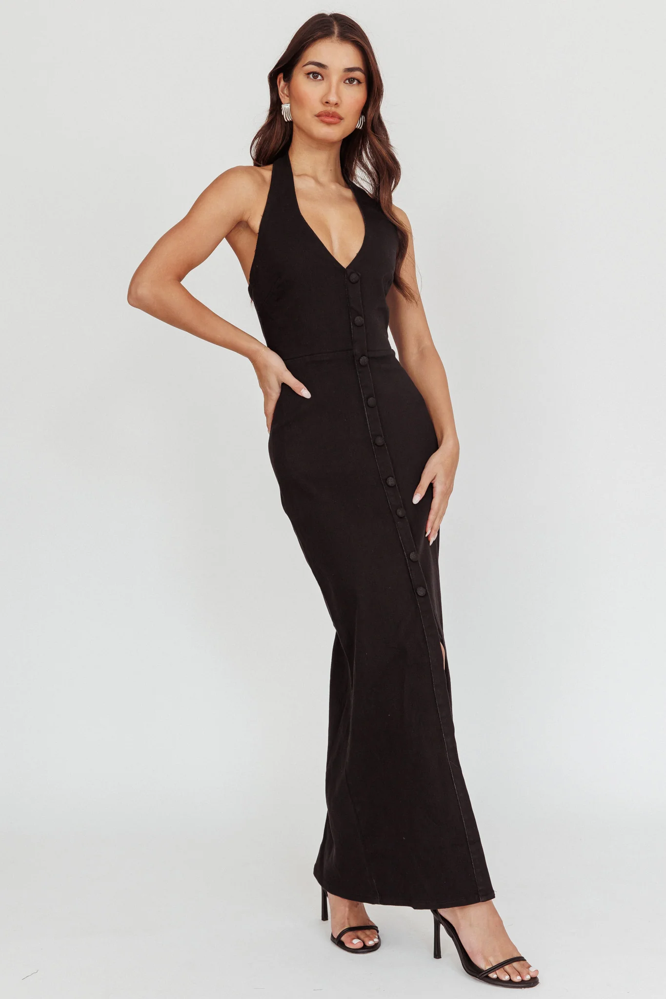 Renita Halterneck Button Maxi Dress Black - Sonourner