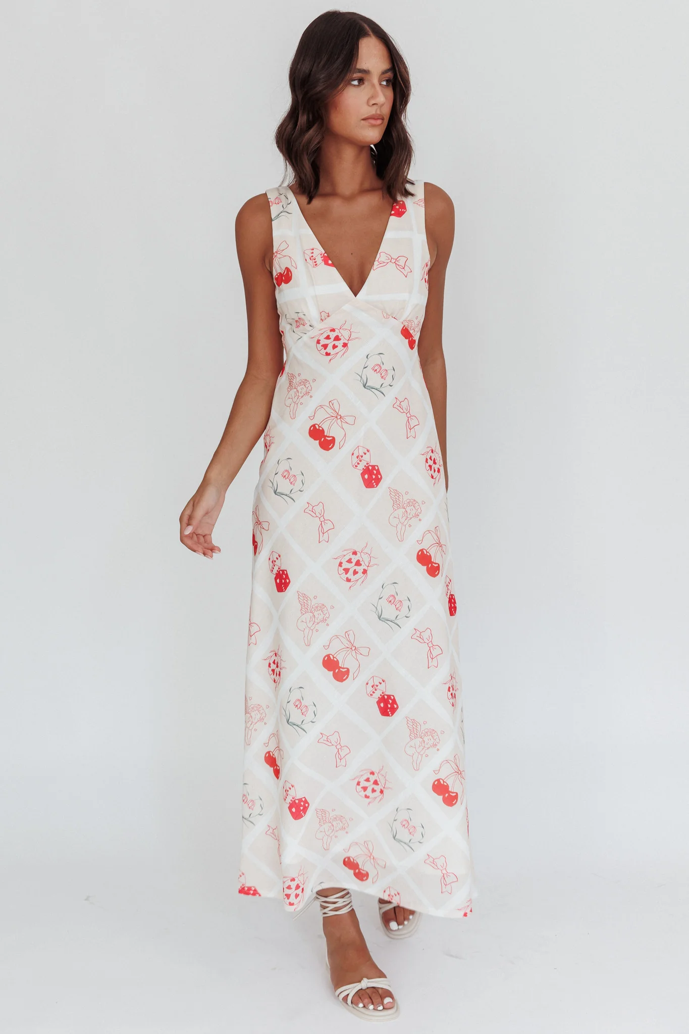 Coucou V-Neckline Maxi Dress Print Beige - Sonourner