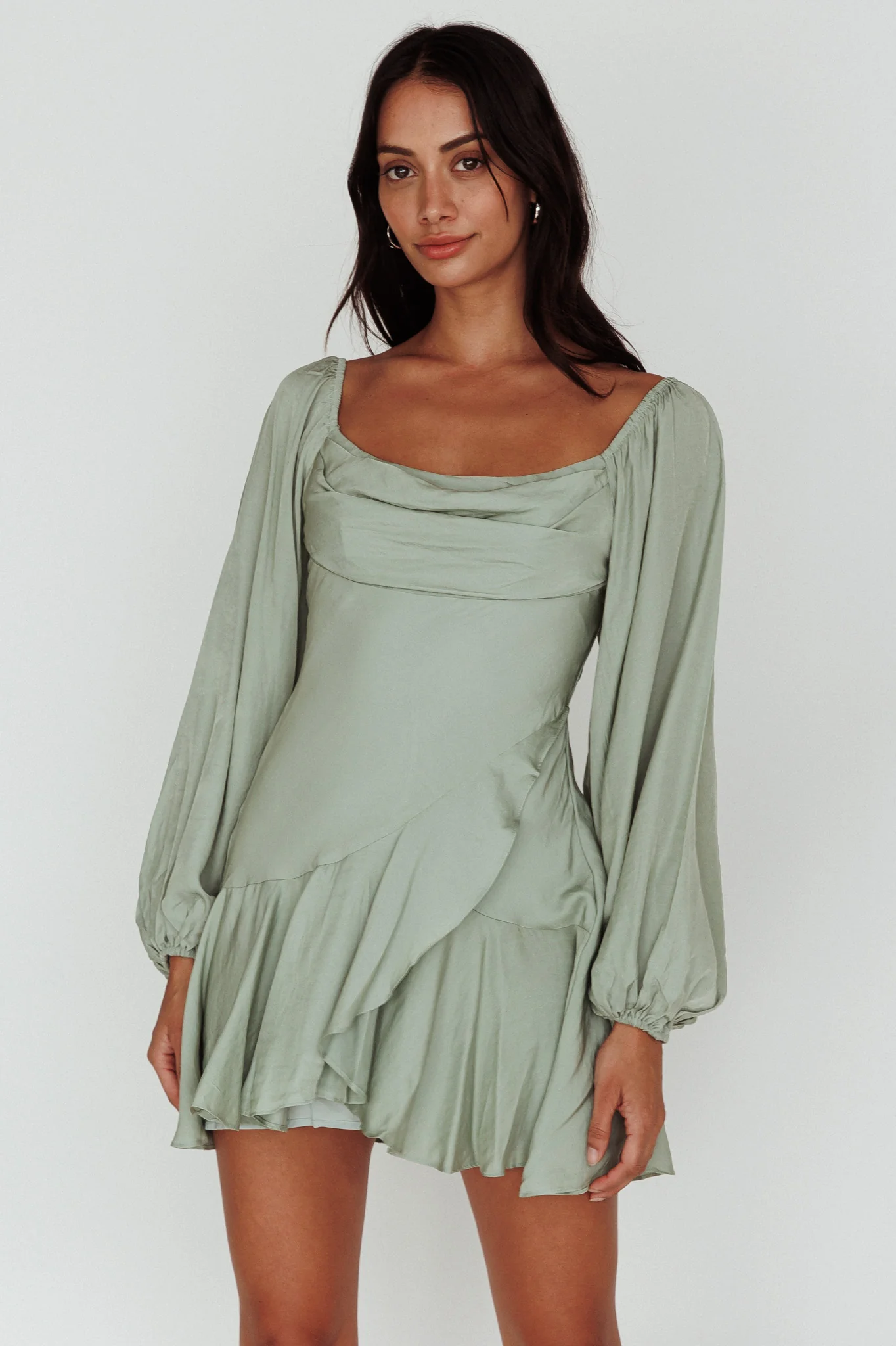 Beaujolais Long Sleeve Cowl Neckline Ruffle Mini Dress Sage - Sonourner