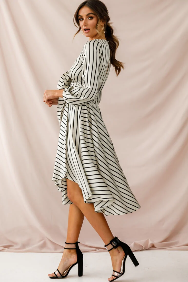 Essex Striped Bust Tie Midi Dress Beige - Sonourner